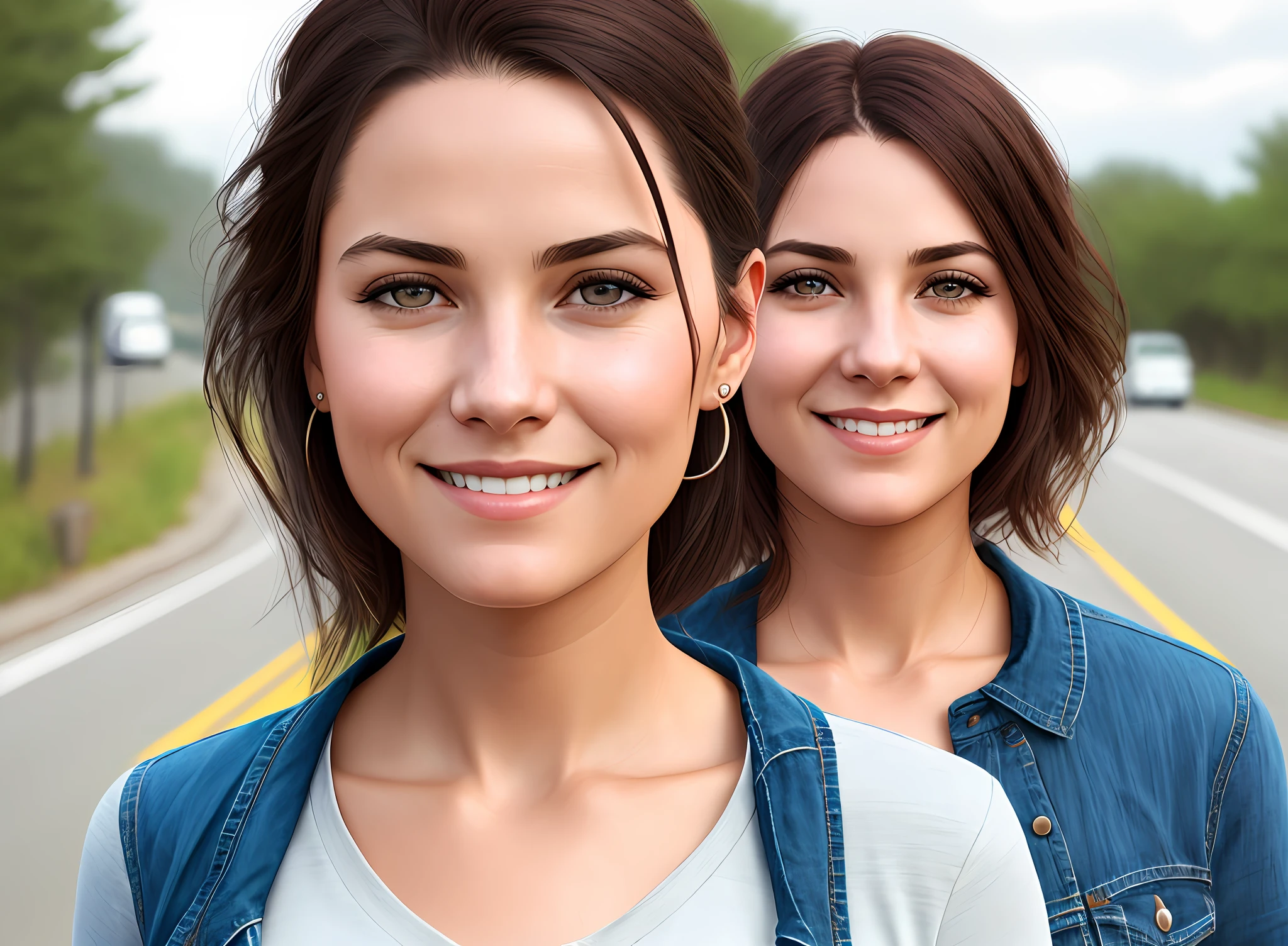 woman,(looking at viewer),(smiling:1.1),(skindentation), road,motor vehicle, 
standing,looking at viewer, 
photo referenced,best quality, ultra high res, (photorealistic:1.4),  (detailed face and eyes),