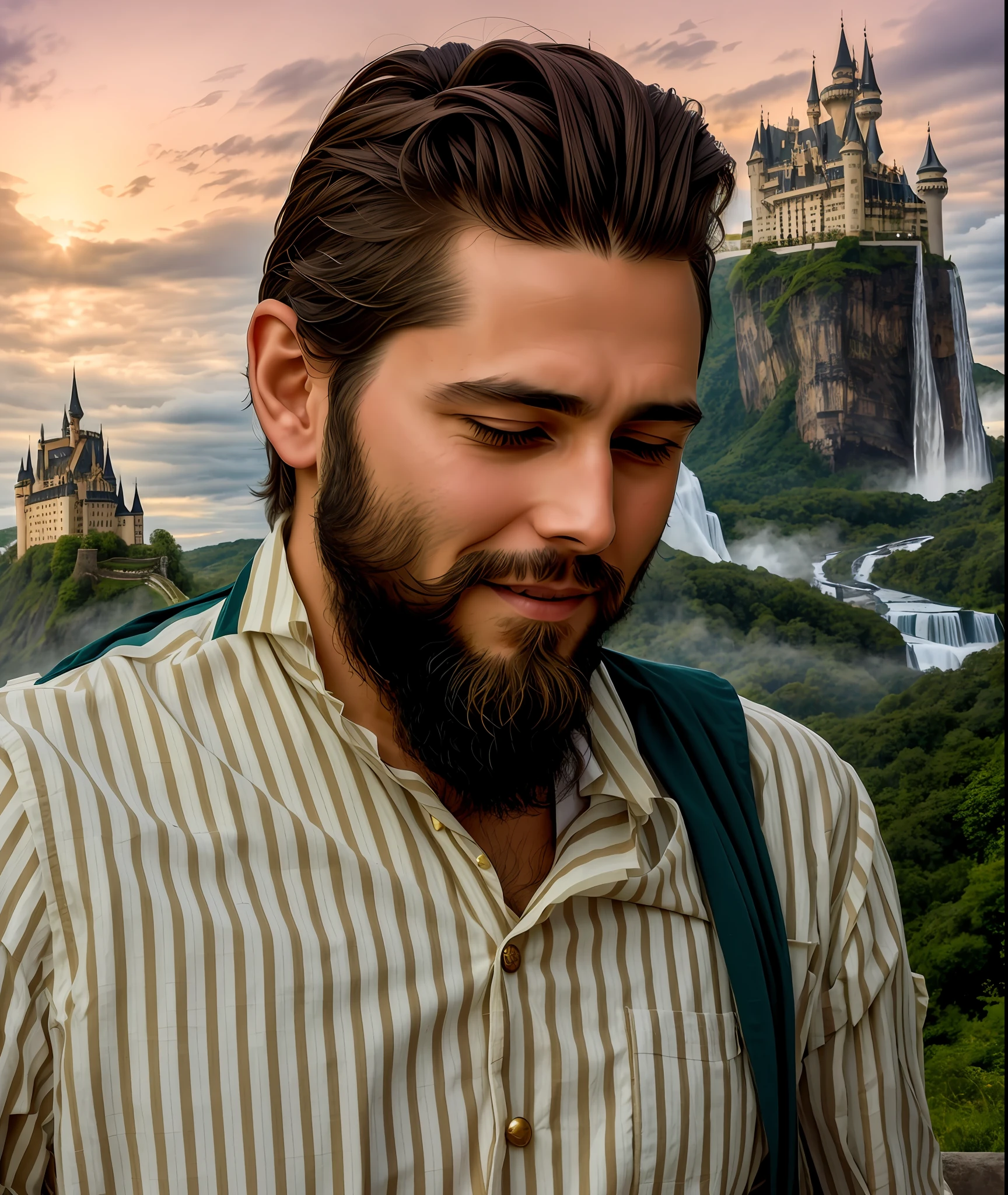 There is a man with a beard and king's clothes, a king's crown, and in the background a distant castle with waterfalls