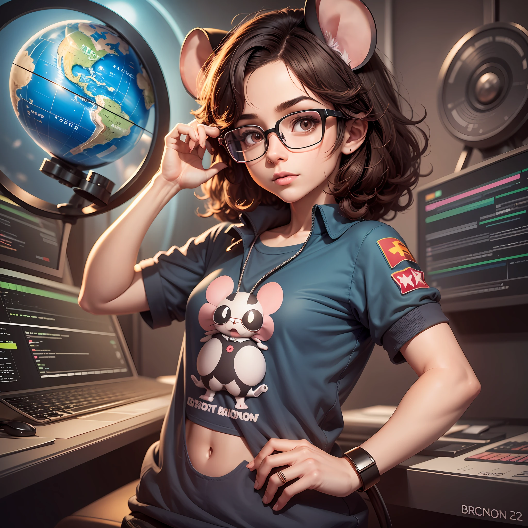 mouse, brain character, cartoon network style, 3D, super detailed, wearing glasses, very short dark brown hair, nerdy clothes, developer, studio lighting, dynamic light, with a globe behind the character, in a pose of world domination. --auto --s2