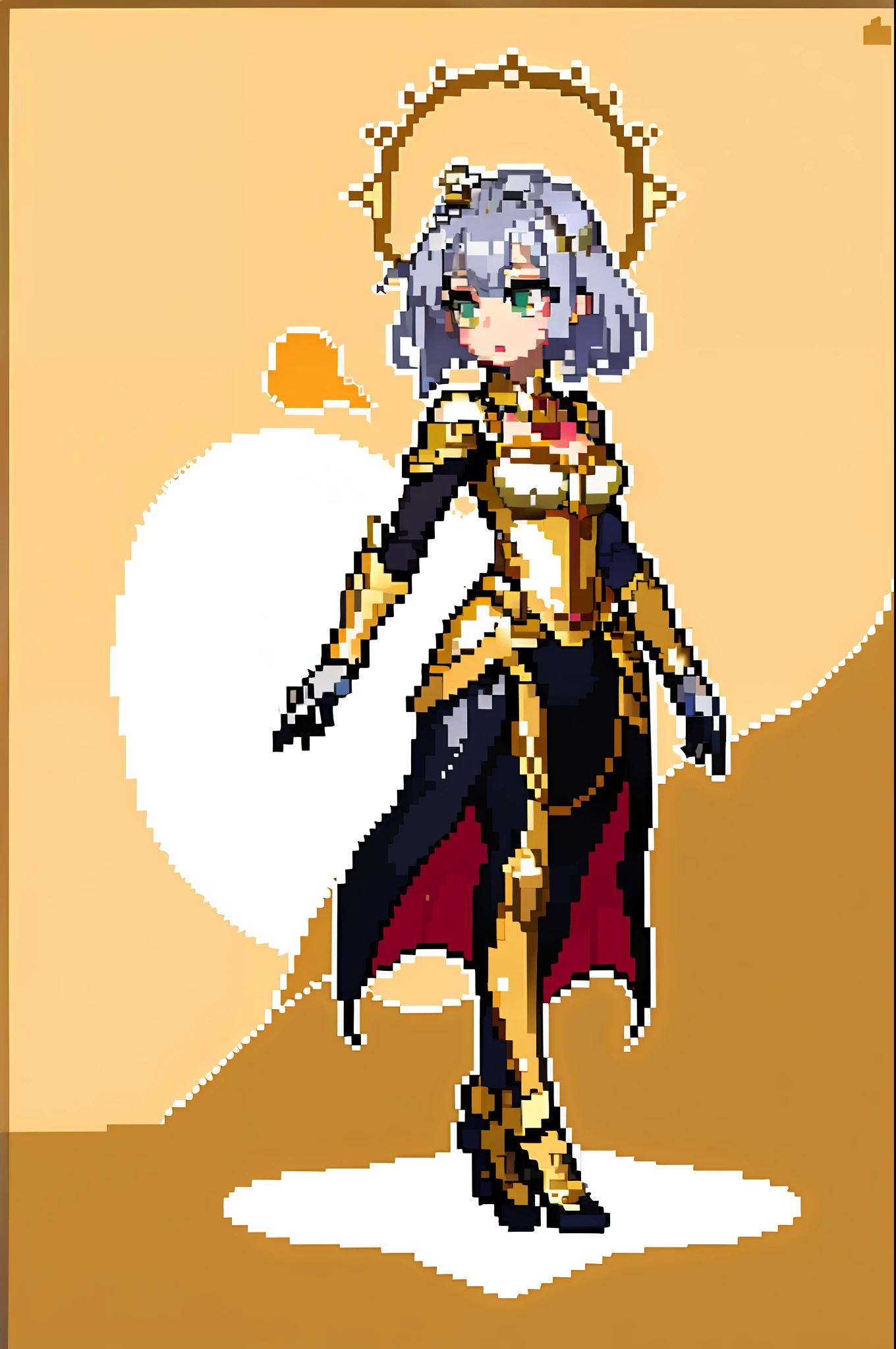 (masterpiece, top quality, best quality), pixel, pixel art, 1girl, full body, goddess clothing, golden background, intricate design, silver hair, shimmer hair,