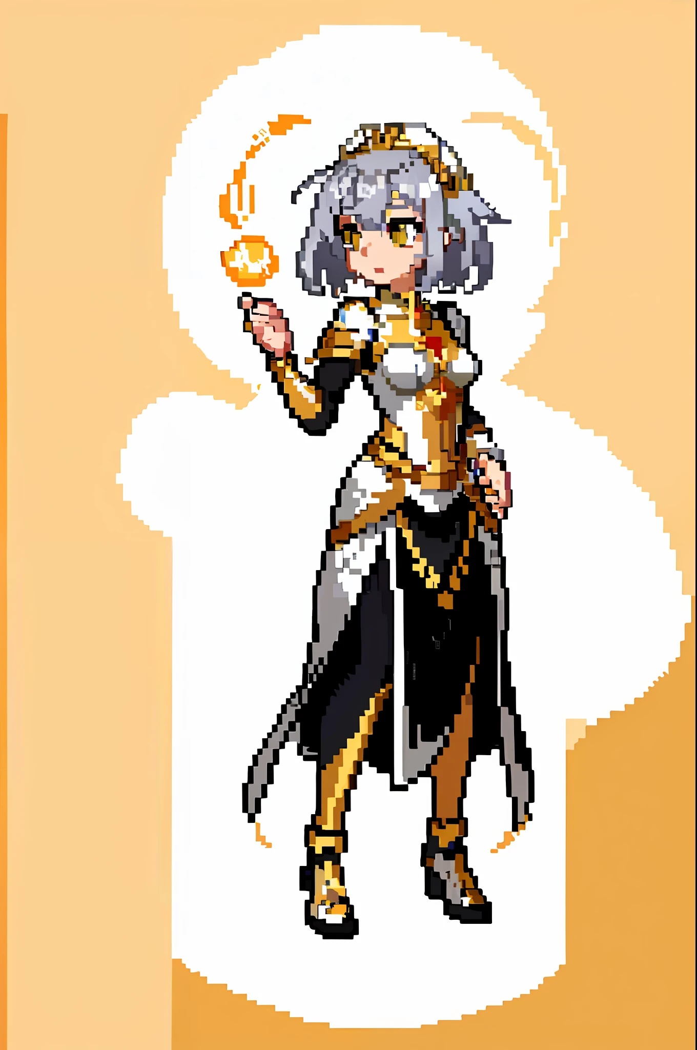 (masterpiece, top quality, best quality), pixel, pixel art, 1girl, full body, goddess clothing, golden background, intricate design, silver hair, shimmer hair,