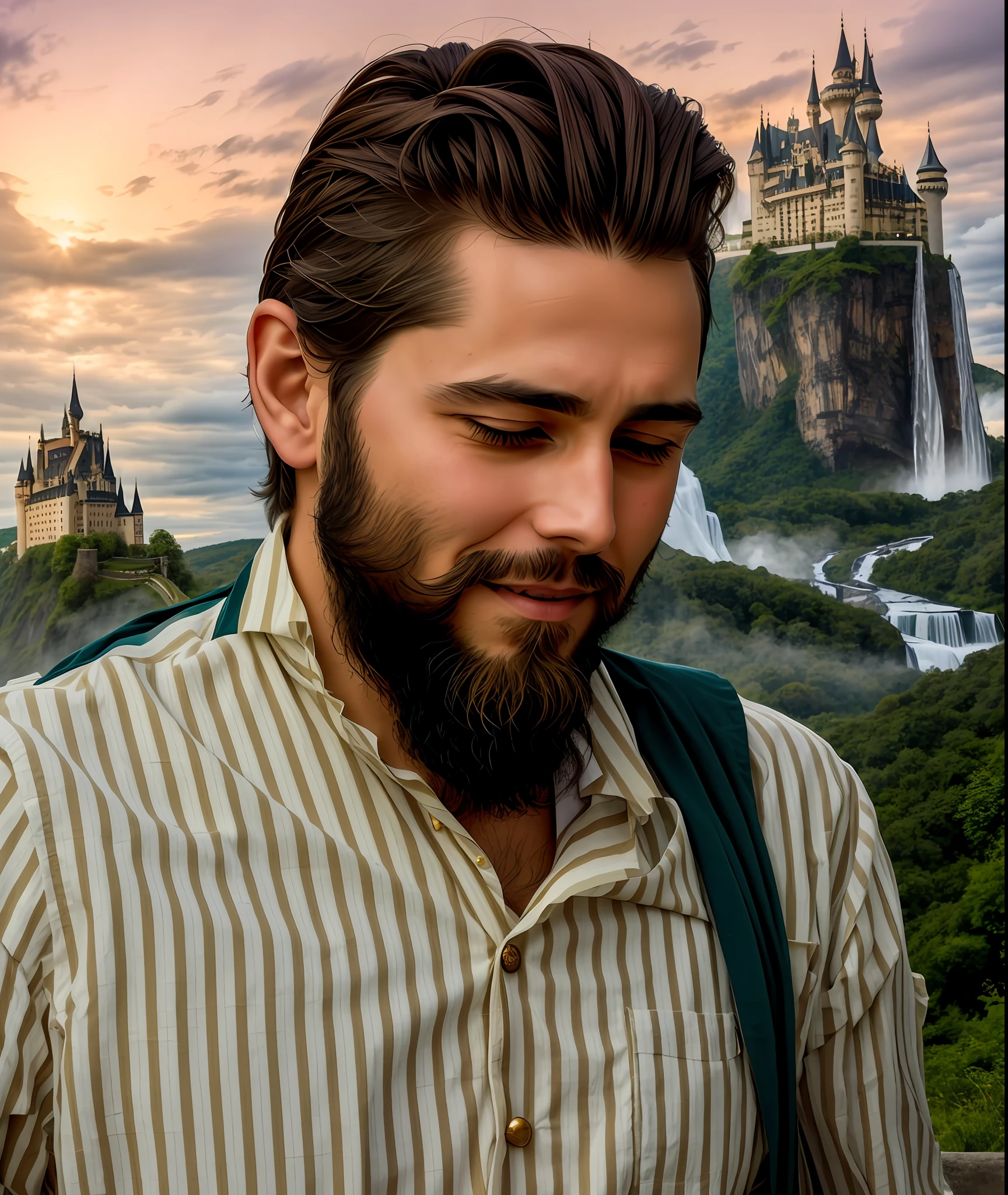 There is a man with a beard and king's clothes, a king's crown, and in the background a distant castle with waterfalls