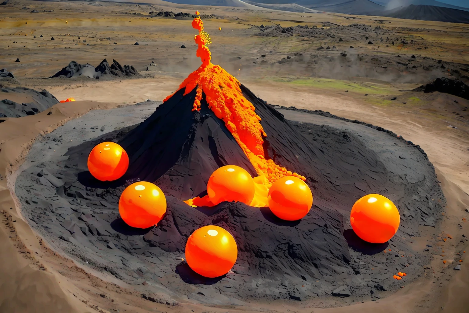 Make a volcano by gushing Orange balls
