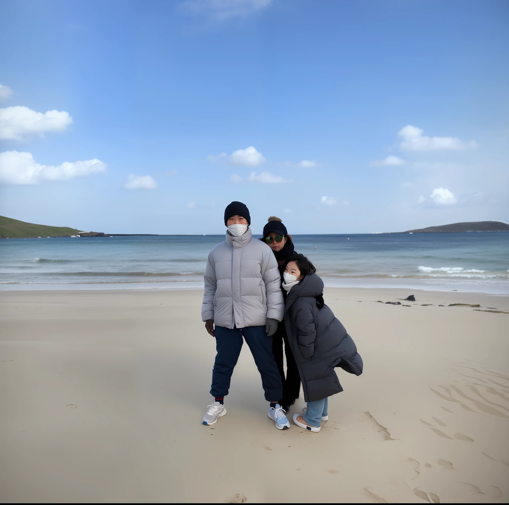 there are two people standing on the beach with a blue sky, standing at the beach, photoshot, standing near the beach, in the beach, standing in the isle of harris, posing on a beach with the ocean, at the sea, vacation photo, ji-min, at the beach, the ocean in the background, ƒ/5.6