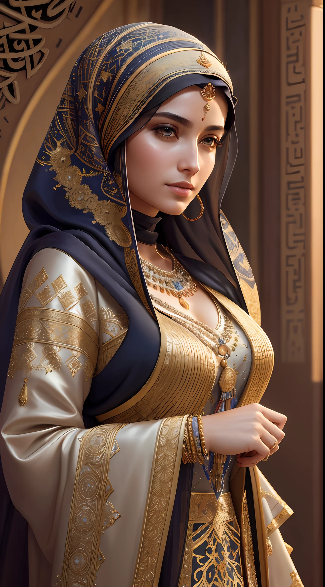 modelshoot style, (extremely detailed CG unity 8k wallpaper), full shot body photo of the most beautiful artwork in the world, (arabic princess:1.4), delicate silk clothes, arabian silk Hijab, magic, an arabic village with persian details in the background, hdr, photorealistic painting by Ed Blinkey, Atey Ghailan, Studio Ghibli, by Jeremy Mann, Greg Manchess, Antonio Moro, trending on ArtStation, trending on CGSociety, Intricate, High Detail, Sharp focus, dramatic, photorealistic painting art by midjourney and greg rutkowski