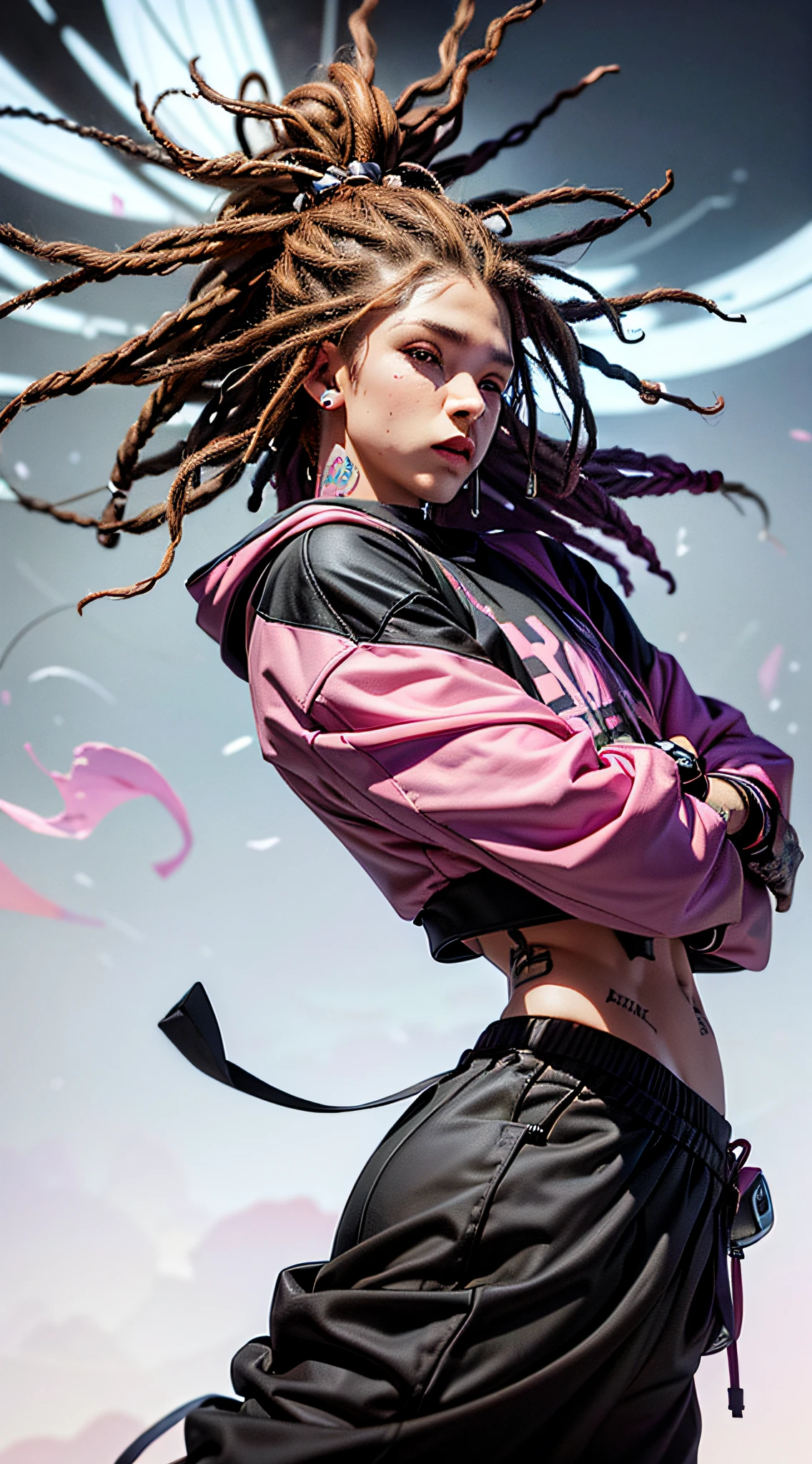 roxo:1.2,pink:1.1,white:1.5,rusty:1.3,textures:1.7 (rapper with dread hair),tattoos, (power puffer clothes:1.2),flowers,leaves,fog,lines,circles background