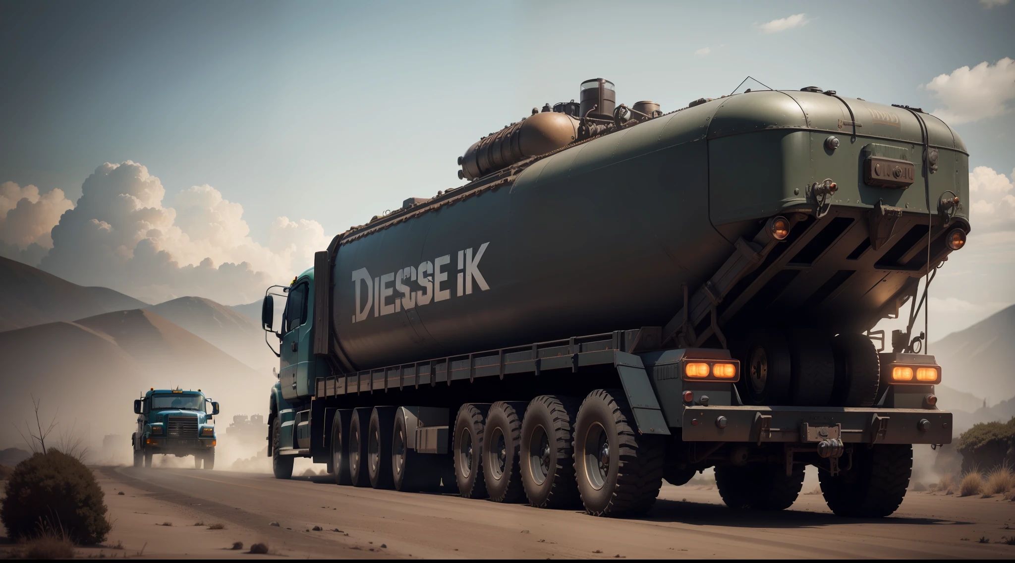 dieselpunk truck, vibrant, photorealistic, realistic, dramatic, dark, sharp focus, 8k