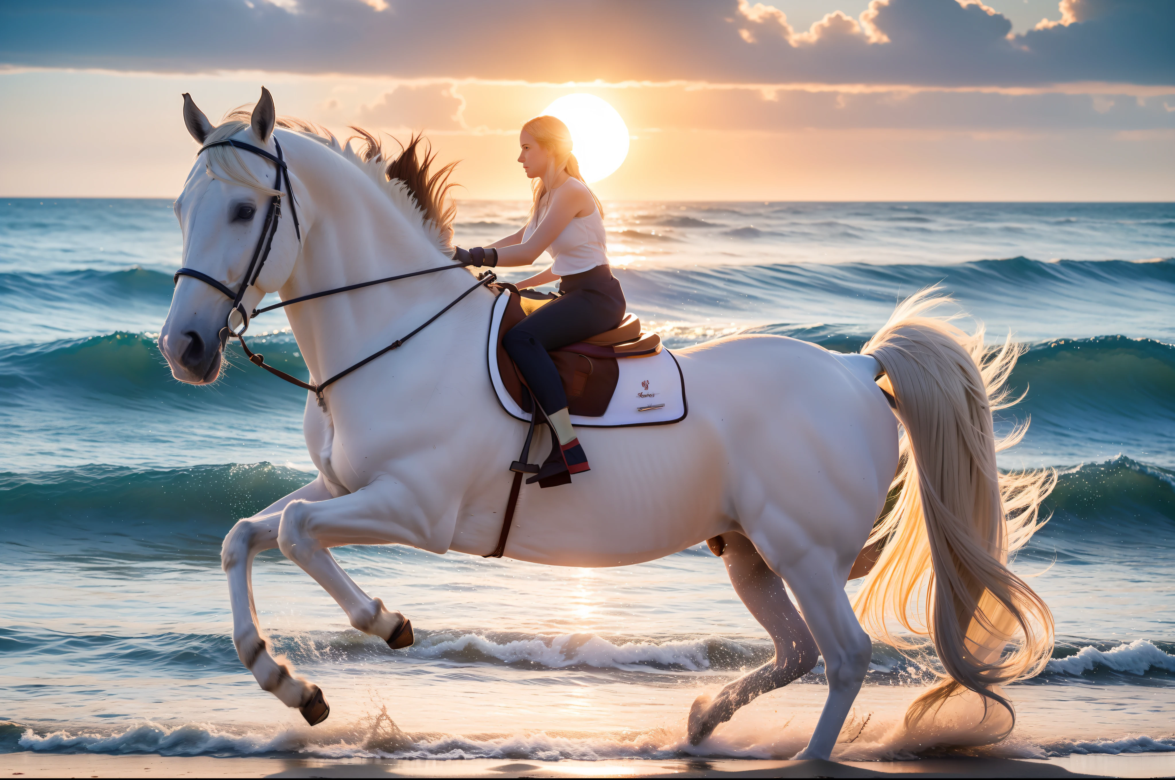 A white horse gallops on the beach in the setting sun, full limbs and long mane
