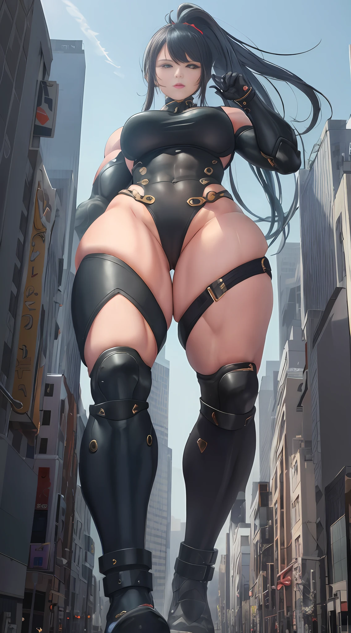 giantess art, cyborg beauty giantess, (((towering over you))), (full body), most strongest pose, exaggeratedly large physique, feminine and muscular, muscular ultraviolent woman, hypermuscle, miniature crowd at her feet