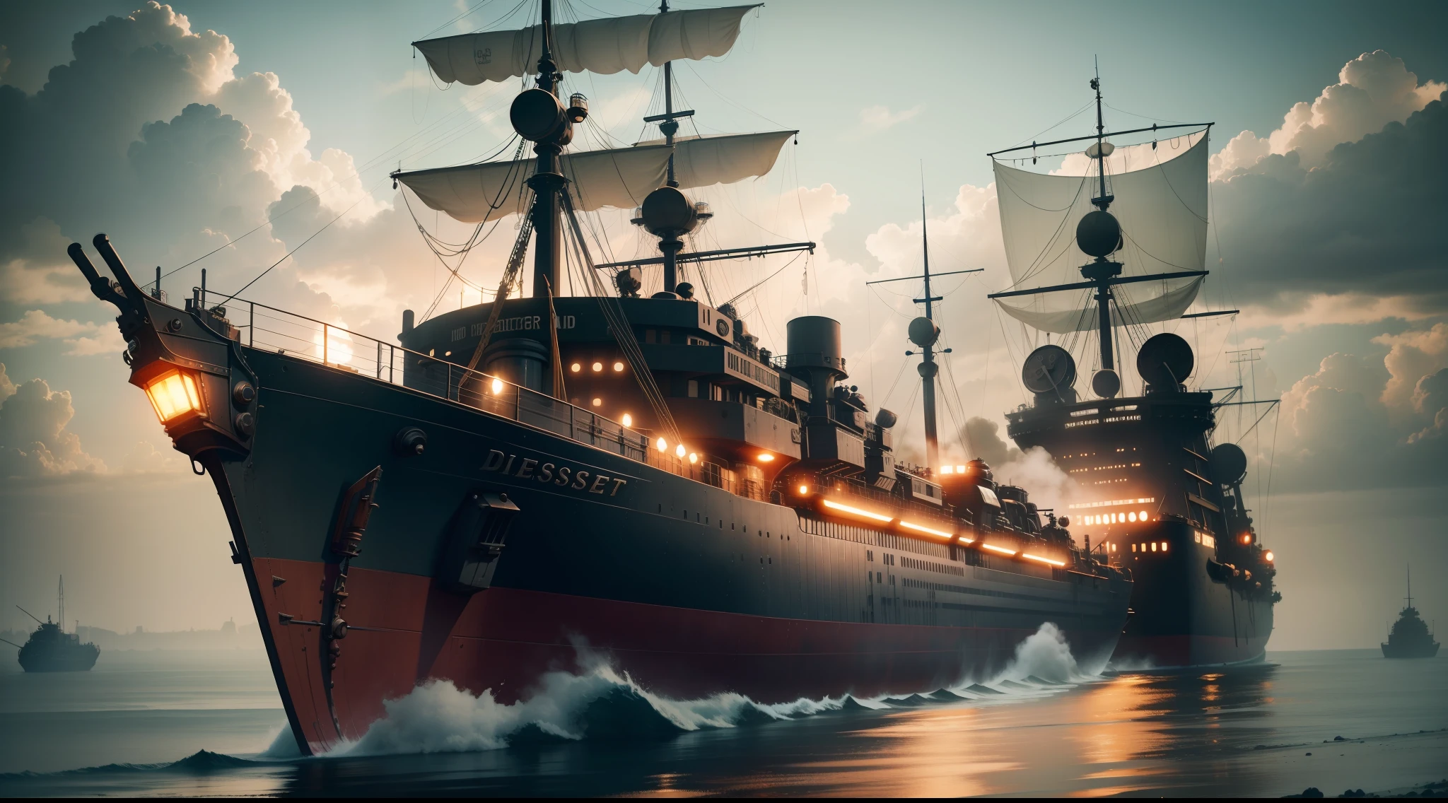 dieselpunk ship, vibrant, photorealistic, realistic, dramatic, dark, sharp focus, 8k