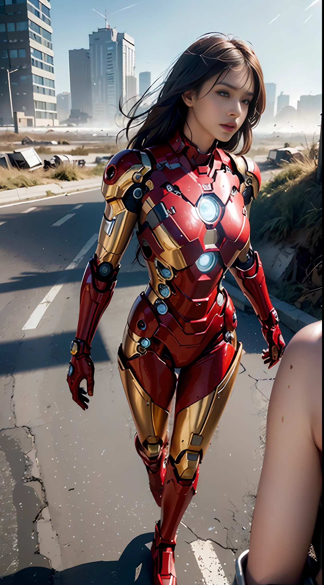 RAW, Masterpiece, Ultra Fine Photo,, Best Quality, Ultra High Resolution, Photorealistic, Sunlight, Full Body Portrait, Stunningly Beautiful,, Dynamic Poses, Delicate Face, Vibrant Eyes, (Side View) , she is wearing a futuristic Iron Man mech, red and gold color scheme, highly detailed abandoned warehouse background, detailed face, detailed and complex busy background, messy, gorgeous, milky white, high detailed skin, realistic skin details, visible pores , sharp focus, volumetric fog, 8k uhd, dslr camera, high quality, film grain, fair skin, photorealism, lomography, sprawling metropolis in futuristic dystopia, view from below, translucent