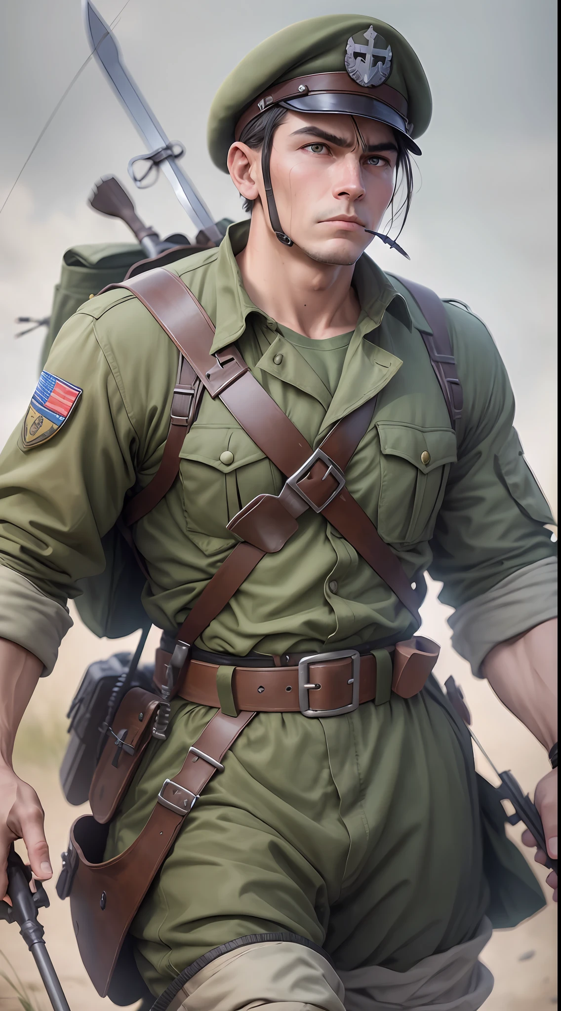 A WWII soldier wearing an English combat uniform with a sturdy body, holding a claymore sword and a bow and arrows on his back, advancing into battle with a determined expression on his face, Realistic photography, 70mm telephoto lens --auto --s2