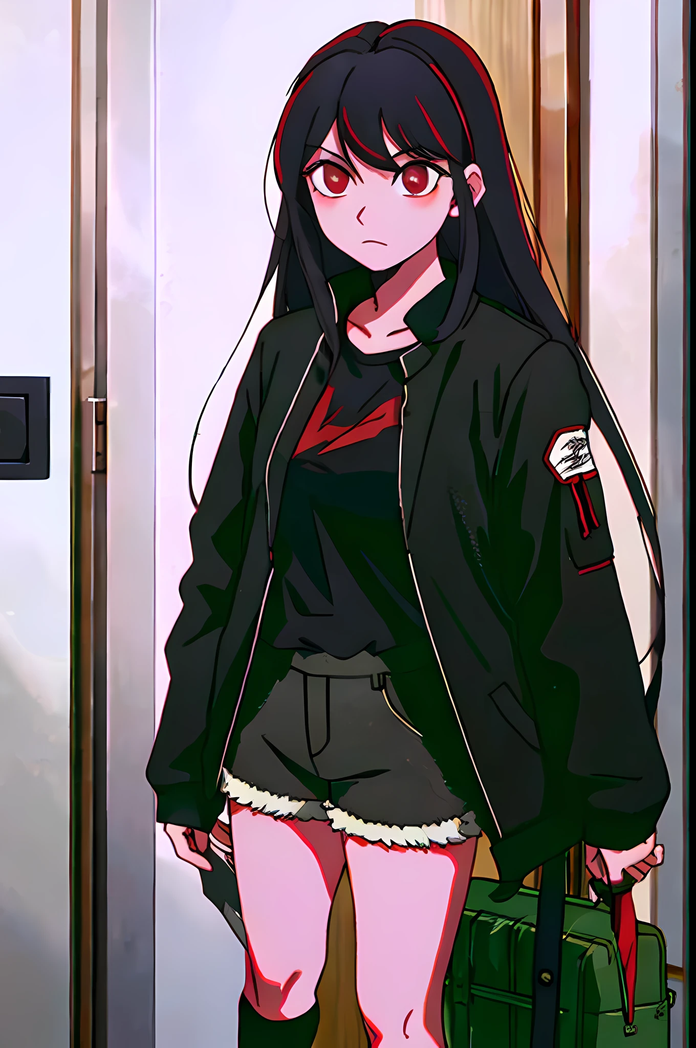 dim lights, corredor, 1girl, standing at the door, neutral expression, yandere, knife in hand, still pose, red eyes, black hair, black shirt, white jacket, brown shorts, long socks