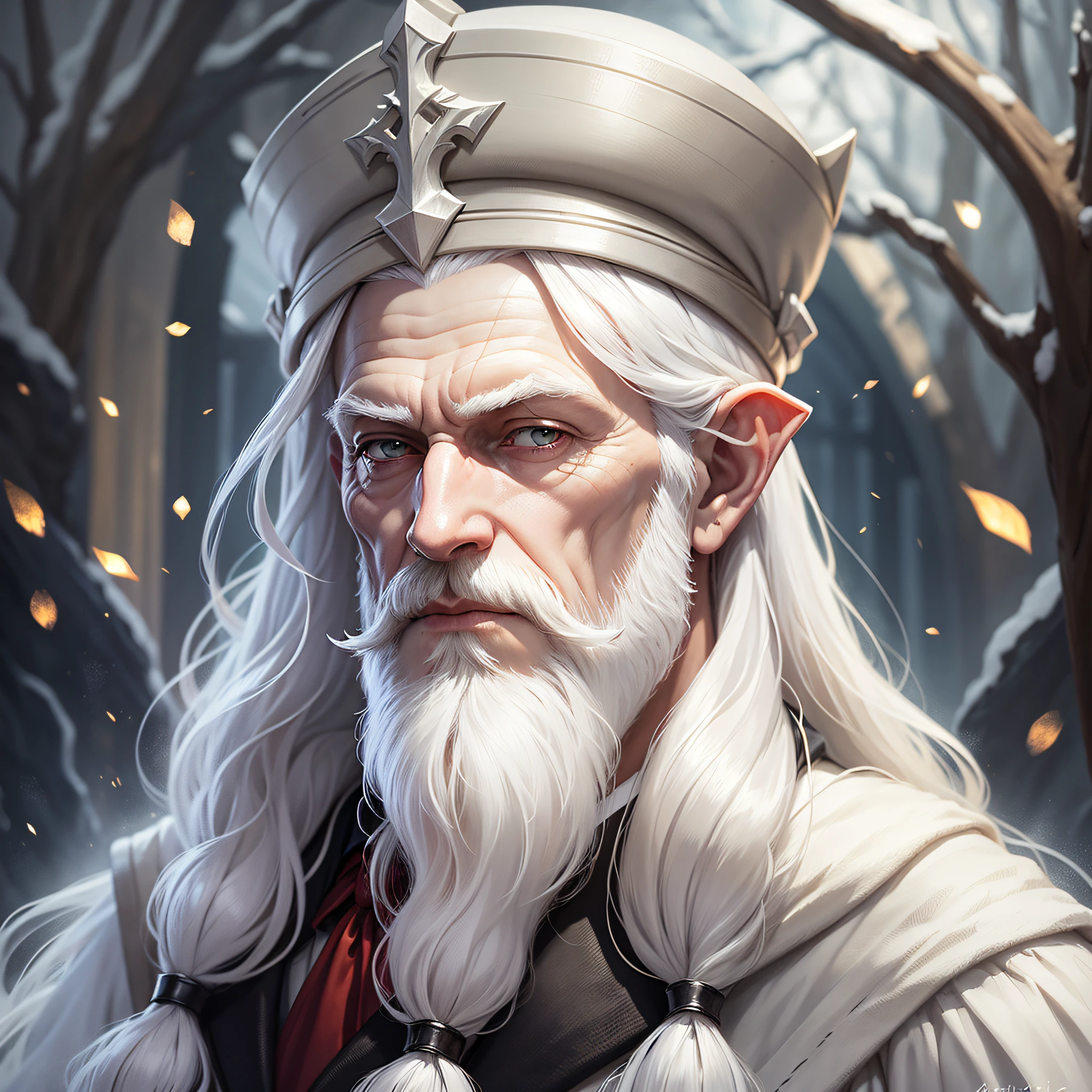 An old winter Eladrin, long white hair, long white beard, headmaster of a magic school --auto --s2