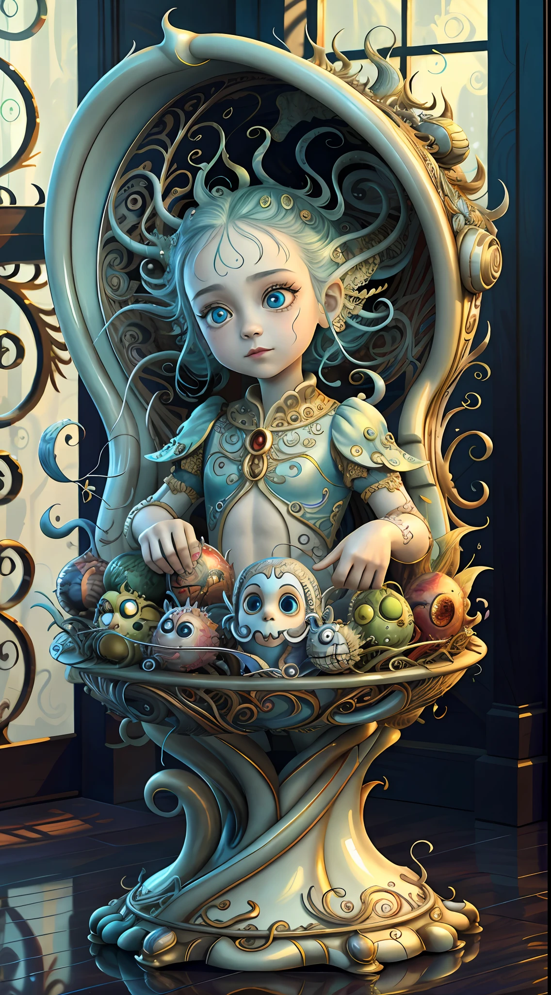(best quality: 1.4), (masterpiece: 1.2), detailed, complex, high resolution, iridescent colors, A charming and fascinating creature with otherworldly forms that blend the best aspects of the monster human form and the innocent charm of a precocious child, scales, wings, blue, texture, complex, gorgeous, 3D, highly detailed, decorative style, Tim Burton, Dale Chihuly, Bruce Zheng, Cyril Rolando, H. R. Giger $plastic$ Grid: Real Lenoid afremov style, wet, fire