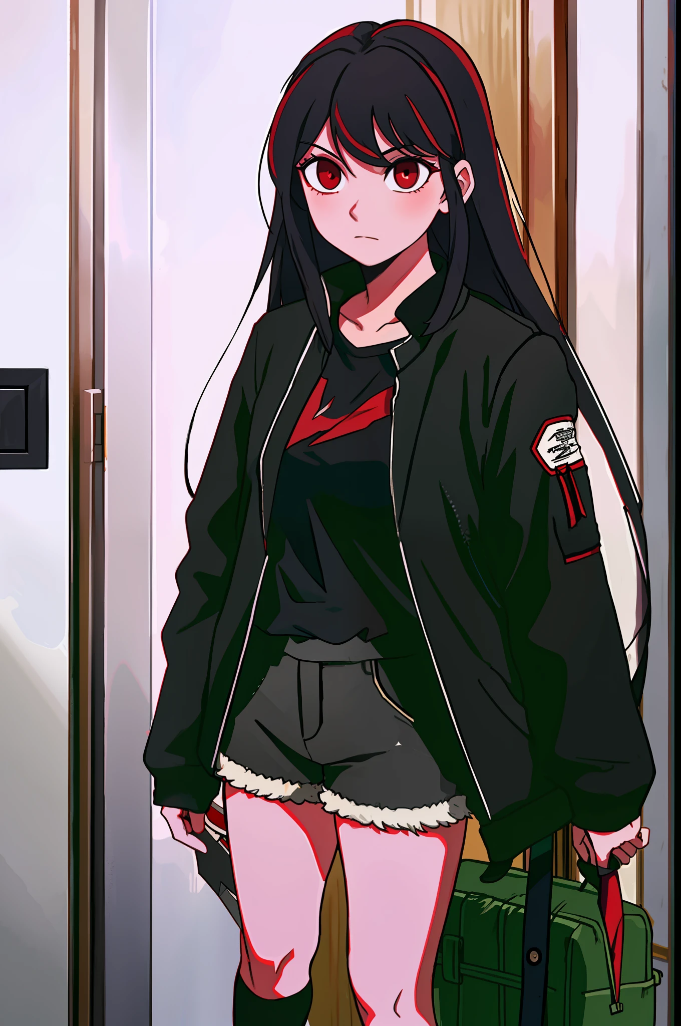 dim lights, corredor, 1girl, standing at the door, neutral expression, yandere, knife in hand, still pose, red eyes, black hair, black shirt, white jacket, brown shorts, long socks