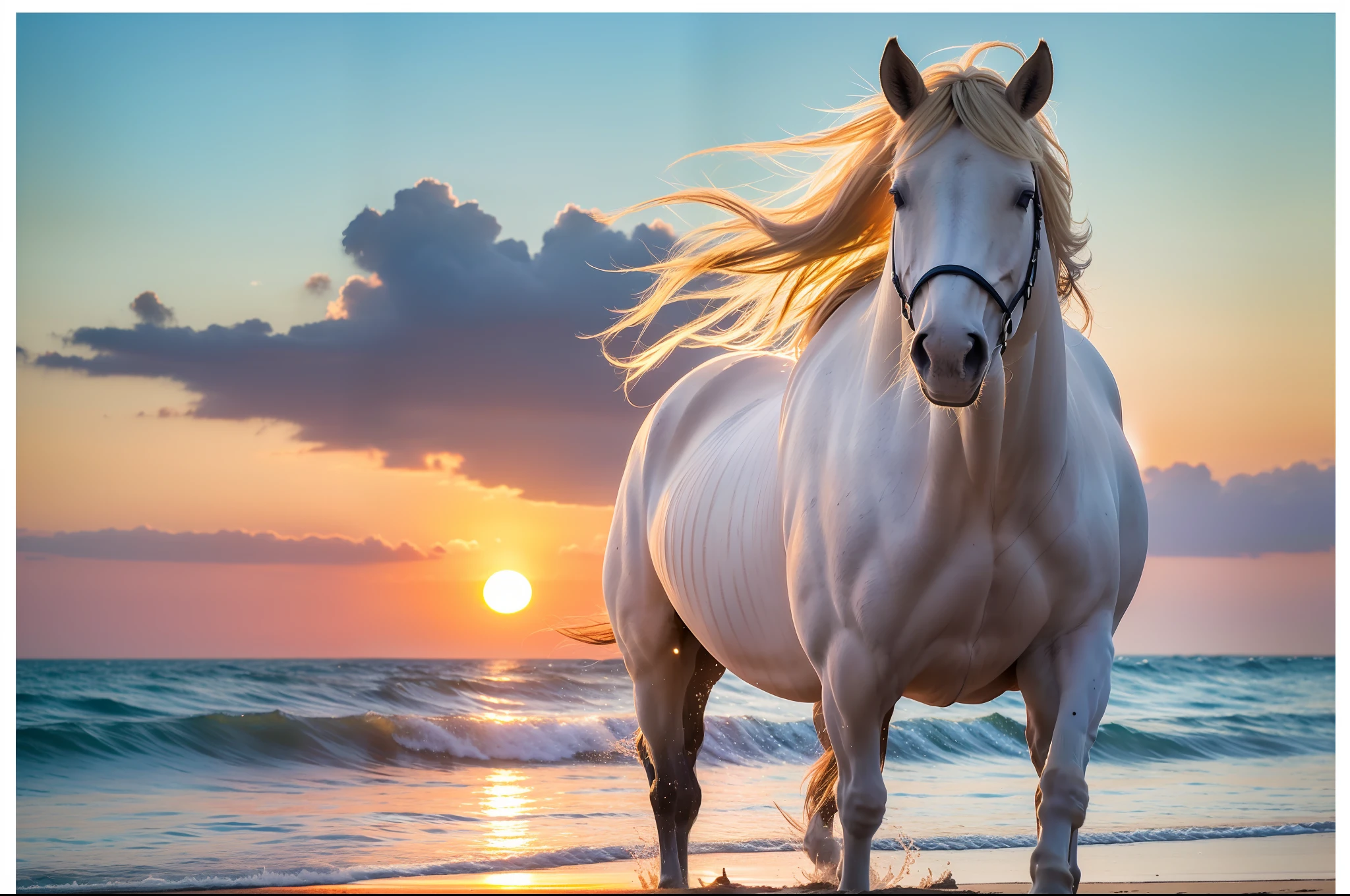 A white horse gallops on the beach in the setting sun, full limbs, long white mane, white tail