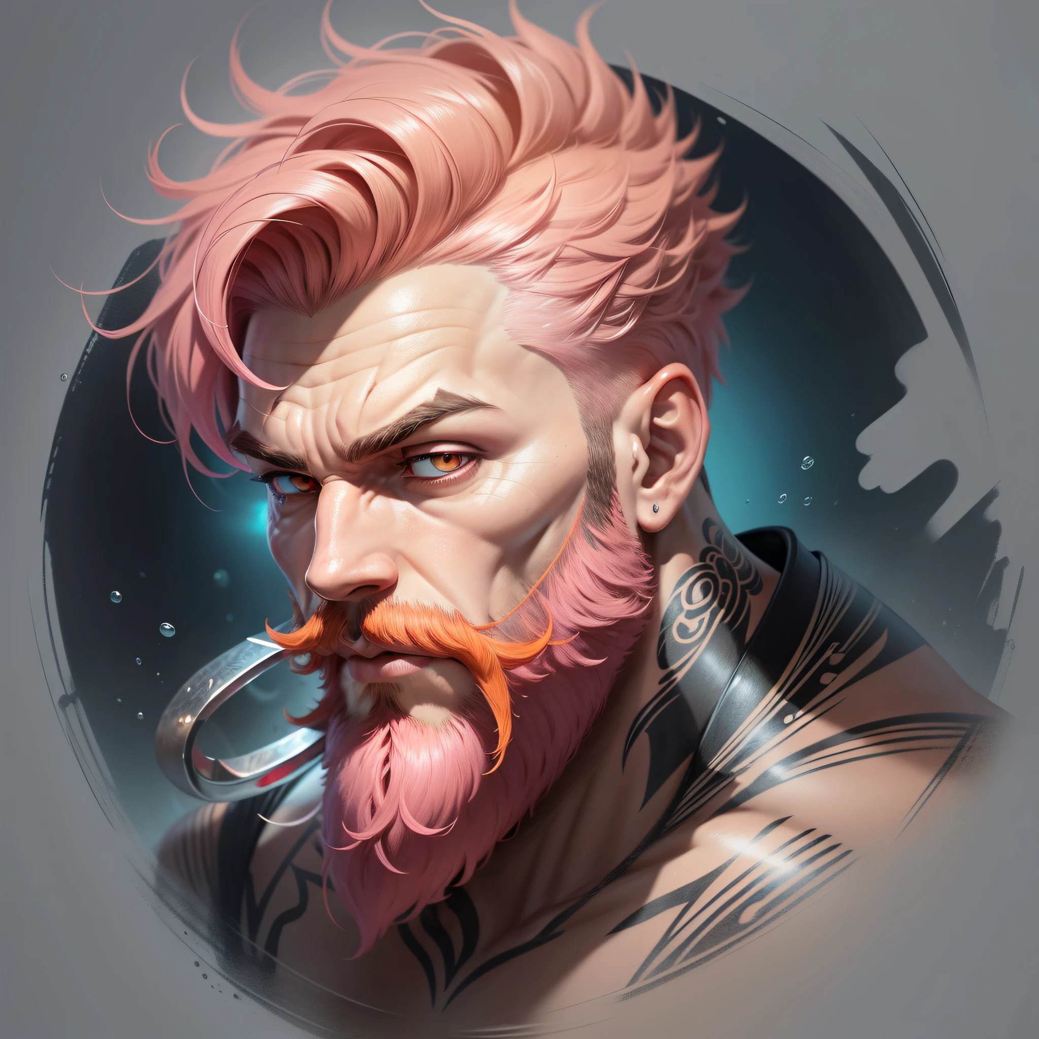 A strong man, short pink hair, short beard, has orange eyes, is underwater, has tattoos all in shades of black, has a trident, realistic drawing style, focus on the face