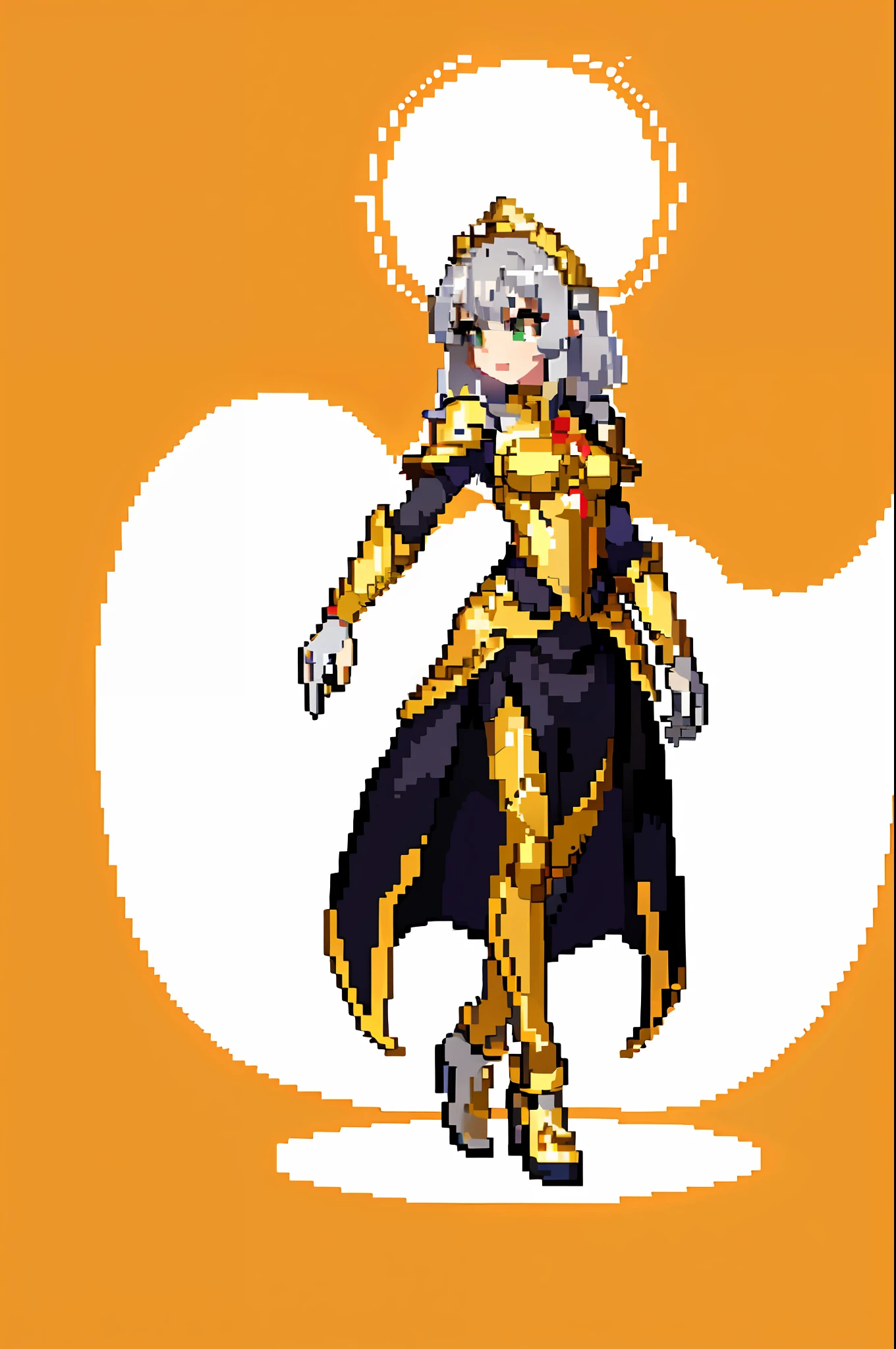 (masterpiece, top quality, best quality), pixel, pixel art, 1girl, full body, goddess outfit, simple background, intricate design, silver hair, sparkling hair, golden sickle, halo, golden hour