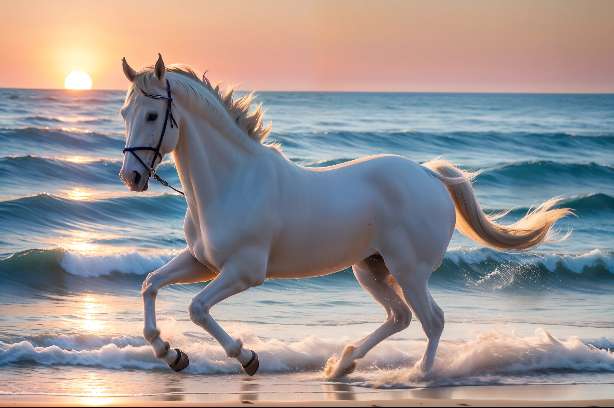A white horse gallops on the beach in the setting sun, full limbs, long white mane, white tail