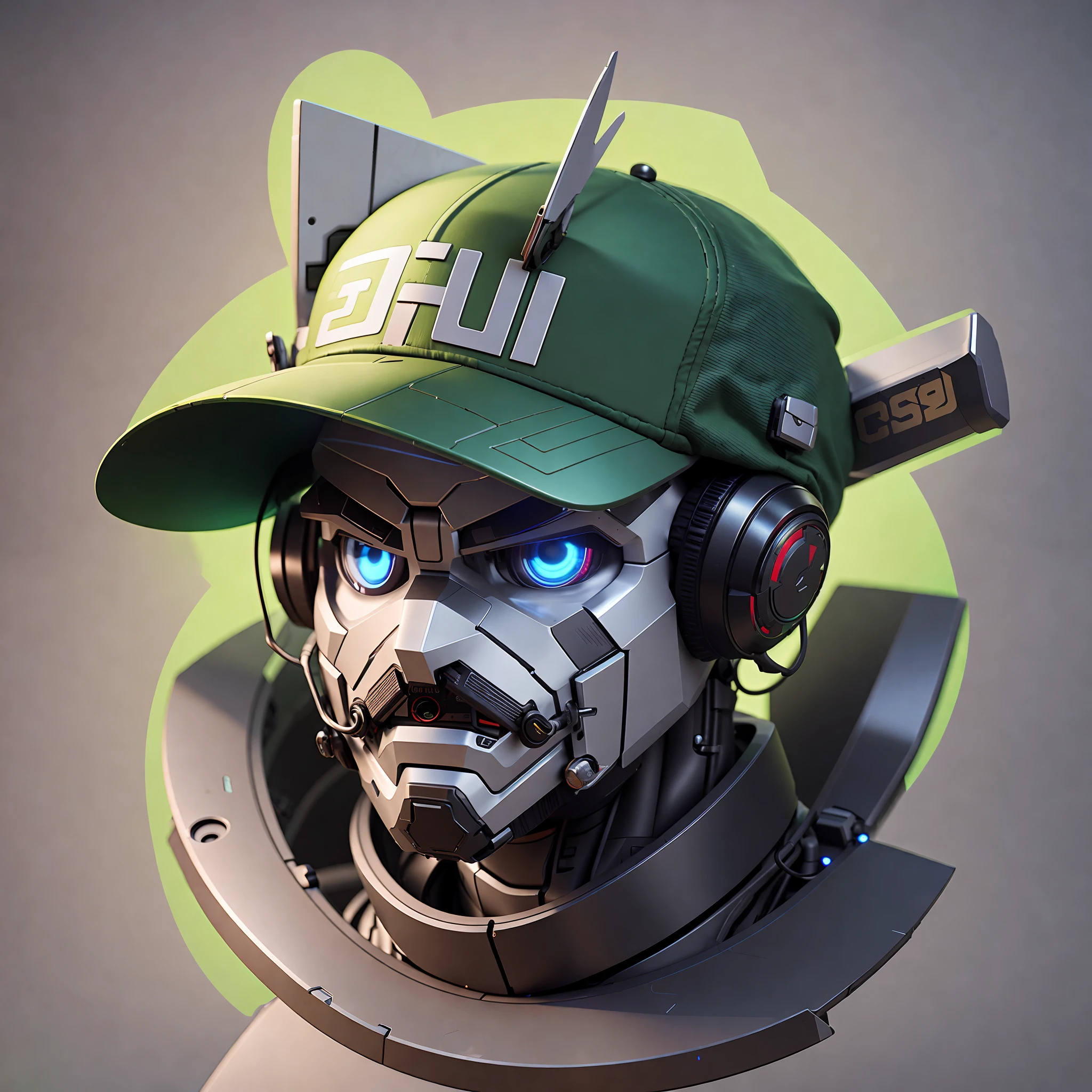 there is a robot with headphones and a hat on, scifi character, sigma from overwatch, bio - mech face, sci - fi character, unreal 5. rpg portrait, high detail iconic character, for hire 3d artist, scifi character render, portrait of a mech, 3 d render stylized, 3 d render character art 8 k, as overwatch character, highly detailed character