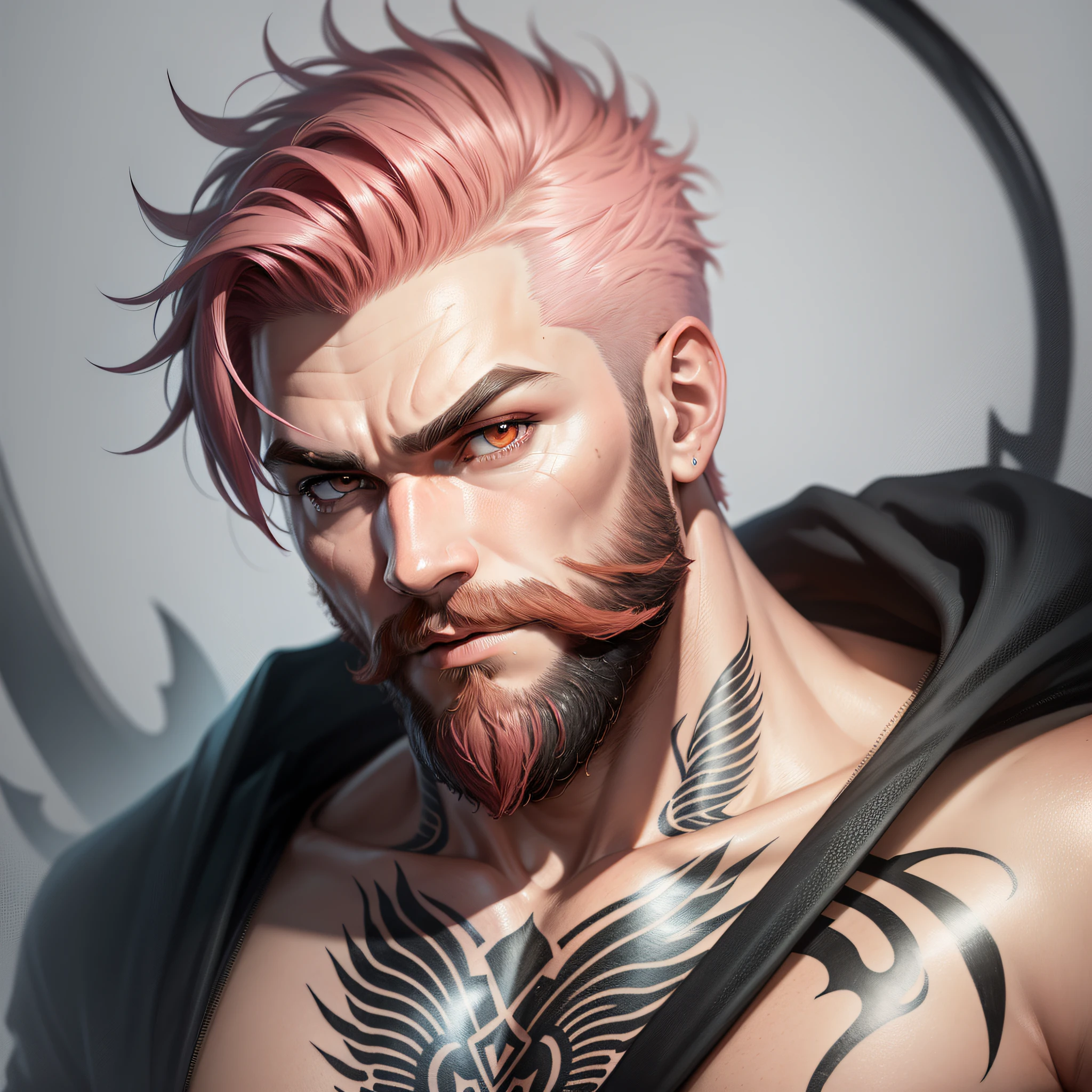 A strong man, short pink hair, short beard, has orange eyes, is underwater, has tattoos all in shades of black, has a trident, realistic drawing style, focus on the face