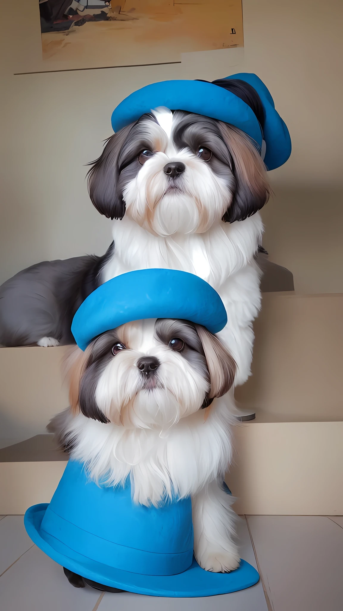 there is a dog that is sitting on the floor with a blue hat, shih tzu, shui mo hua, havanese dog, proud look, taken with sony a7r camera, an afghan male type, is a stunning, a handsome, taken with sony alpha 9, captured with sony a3 camera, sha xi, doing an elegant pose, an artistic pose