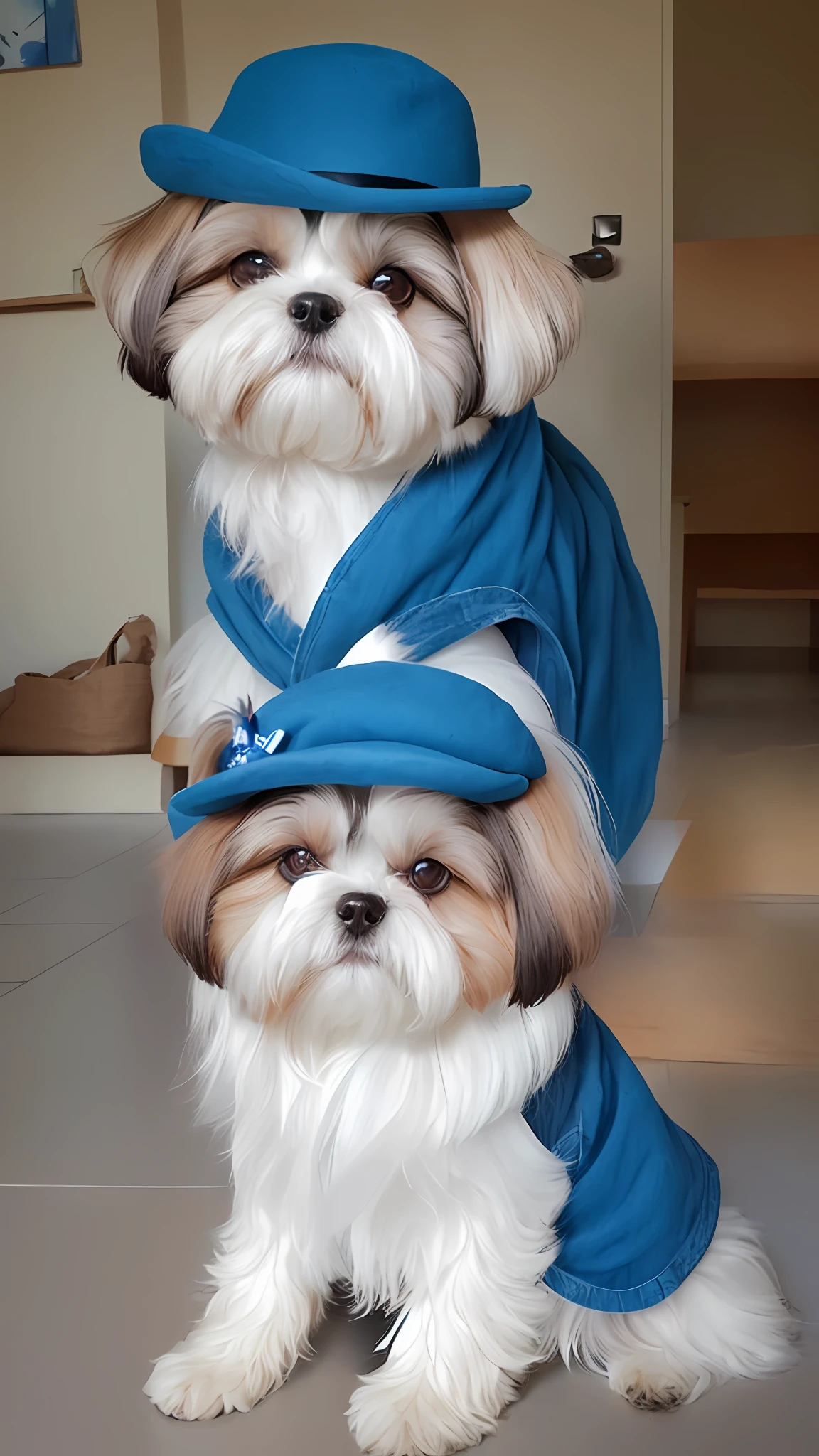 there is a dog that is sitting on the floor with a blue hat, shih tzu, shui mo hua, havanese dog, proud look, taken with sony a7r camera, an afghan male type, is a stunning, a handsome, taken with sony alpha 9, captured with sony a3 camera, sha xi, doing an elegant pose, an artistic pose