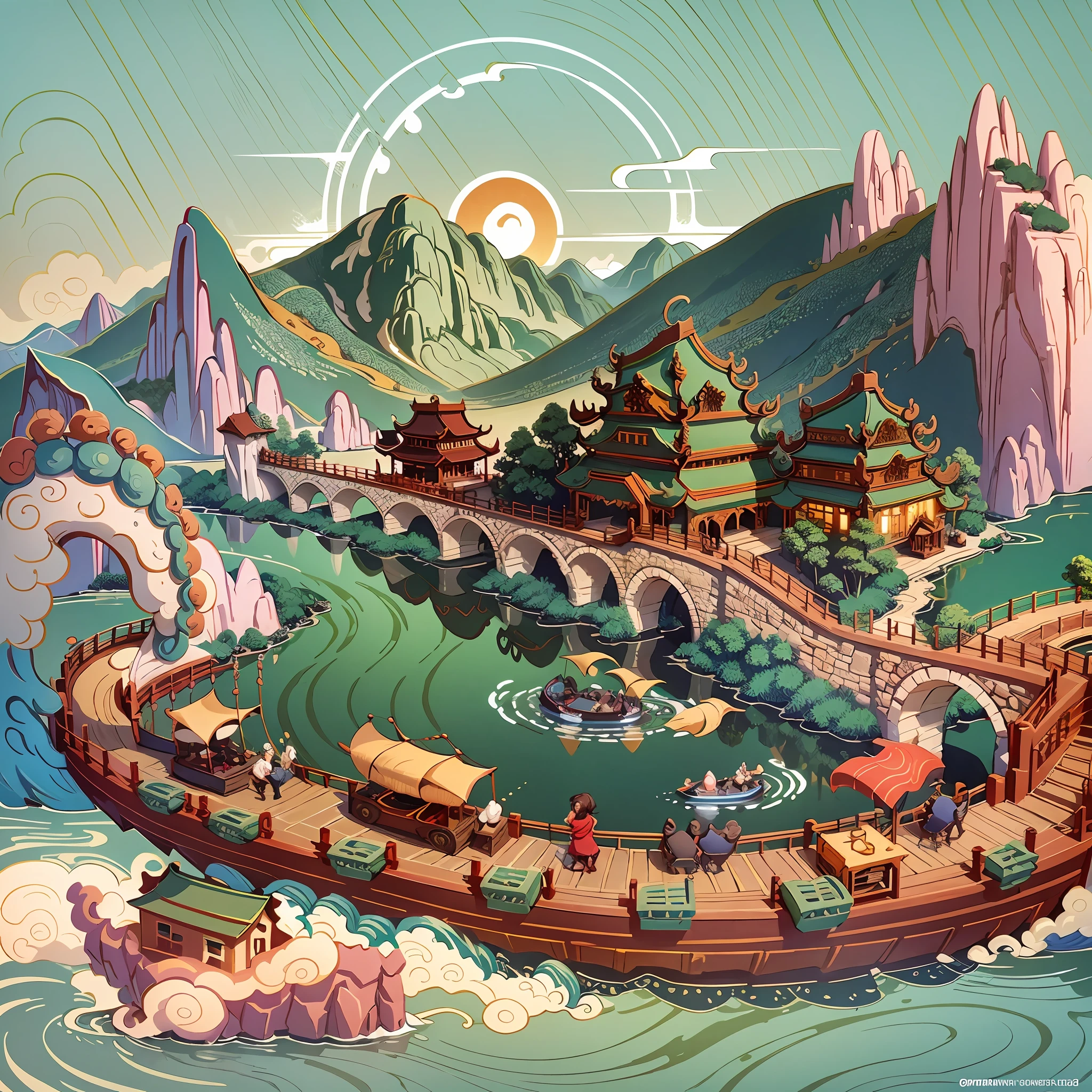 /imagine China Dragon Boat Festival commercial poster illustration, 3D illustration, green mountains and green water, a river, dragon boat racing, sun, arch bridge, houses on both sides,--ar 16:9 --auto --s2