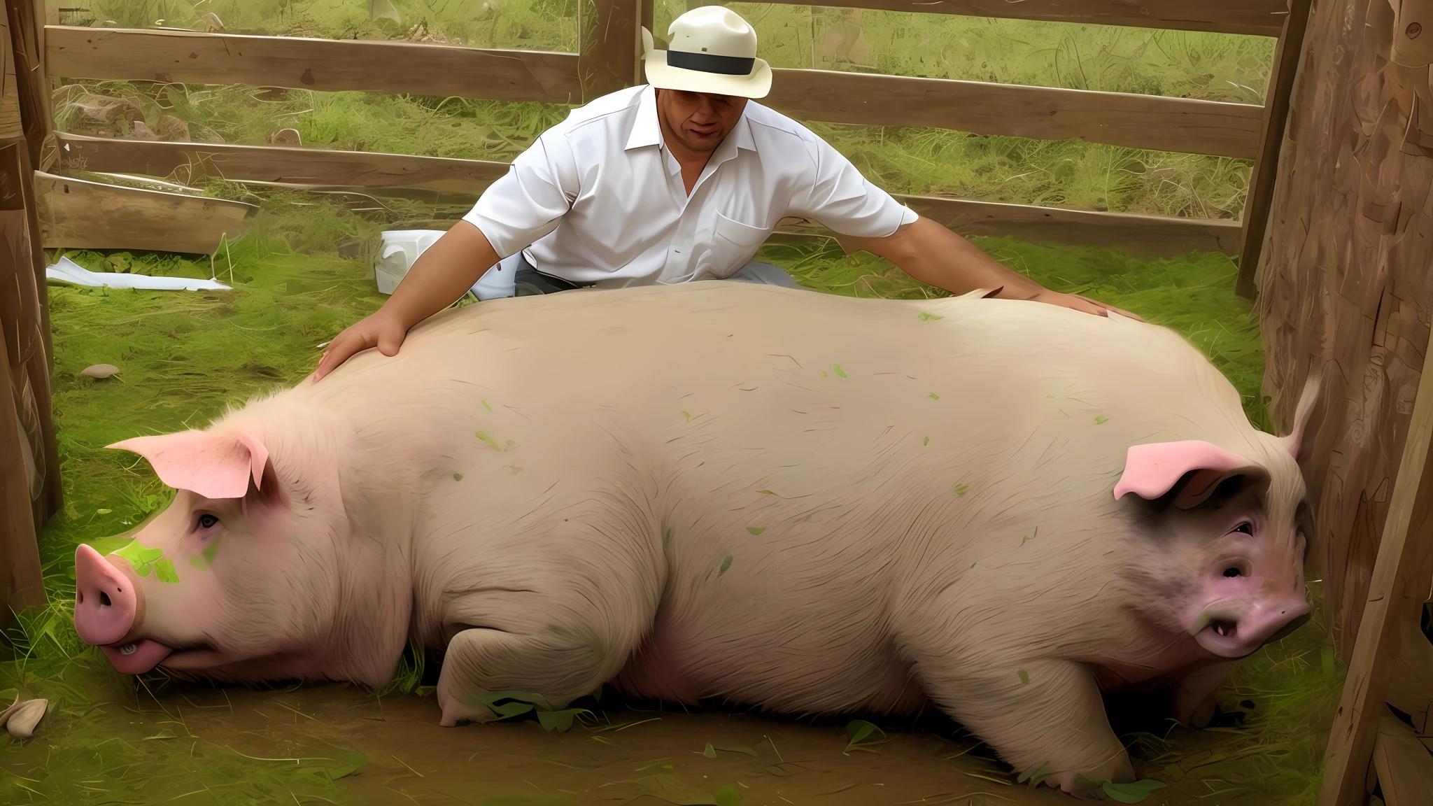 there is a man kneeling down next to a large pig, giant pig, the most bizarre hybrid animals, giant pig grass, morbidly obese, hybrid of pig and nyc policeman, half pig, man bear pig, really large bosum, very large bosum, extremely realistic, extremely bizarre disturbing, human-animal hybrid, covered in organic flesh meat --auto --s2