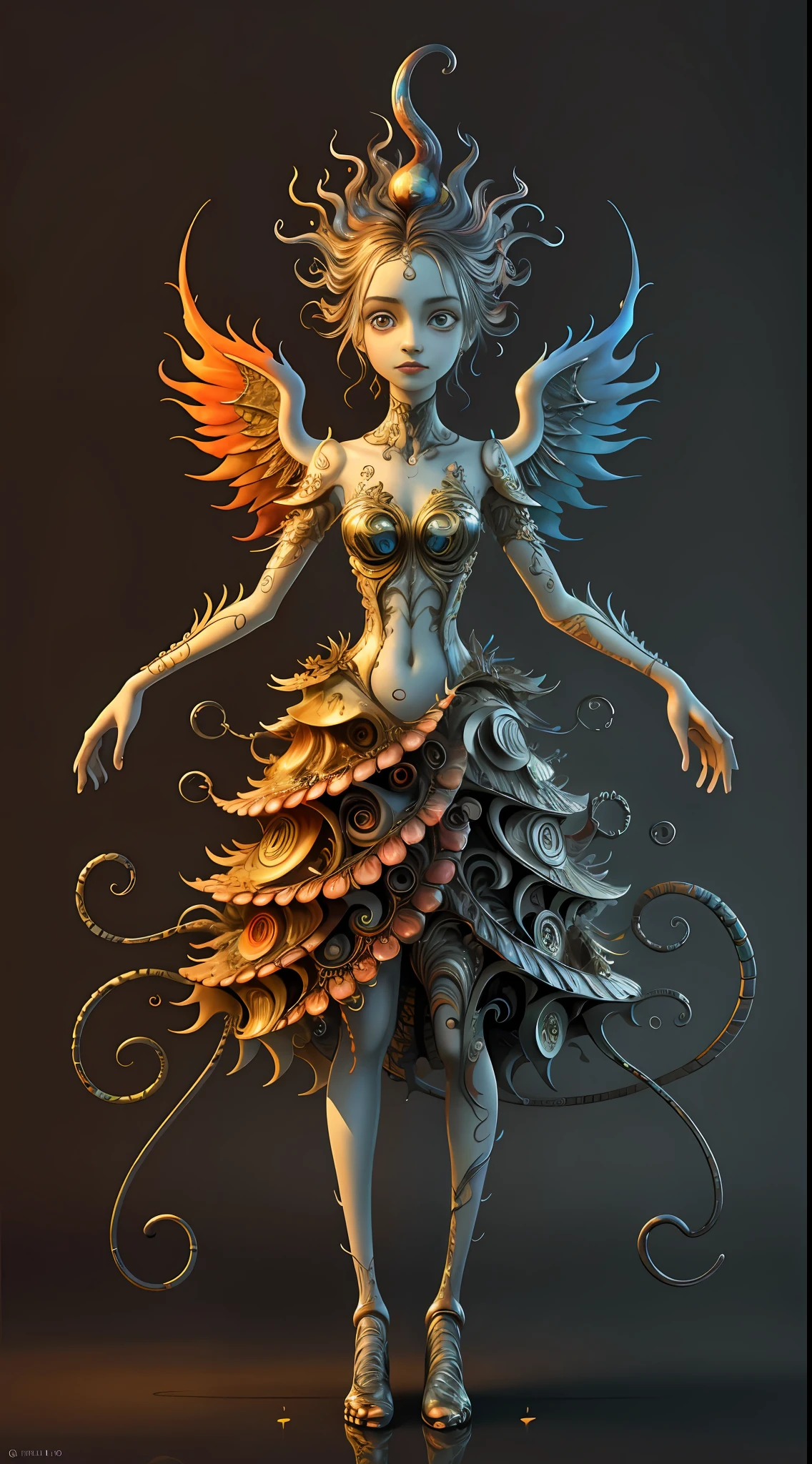 (best quality: 1.4), (masterpiece: 1.2), detailed, complex, high resolution, iridescent colors, A charming and fascinating creature with otherworldly forms that blend the best aspects of the monster human form and the innocent charm of a precocious child, scales, wings, blue, texture, complex, gorgeous, 3D, highly detailed, decorative style, Tim Burton, Dale Chihuly, Bruce Zheng, Cyril Rolando, H. R. Giger $plastic$ Grid: Real Lenoid afremov style, wet, fire