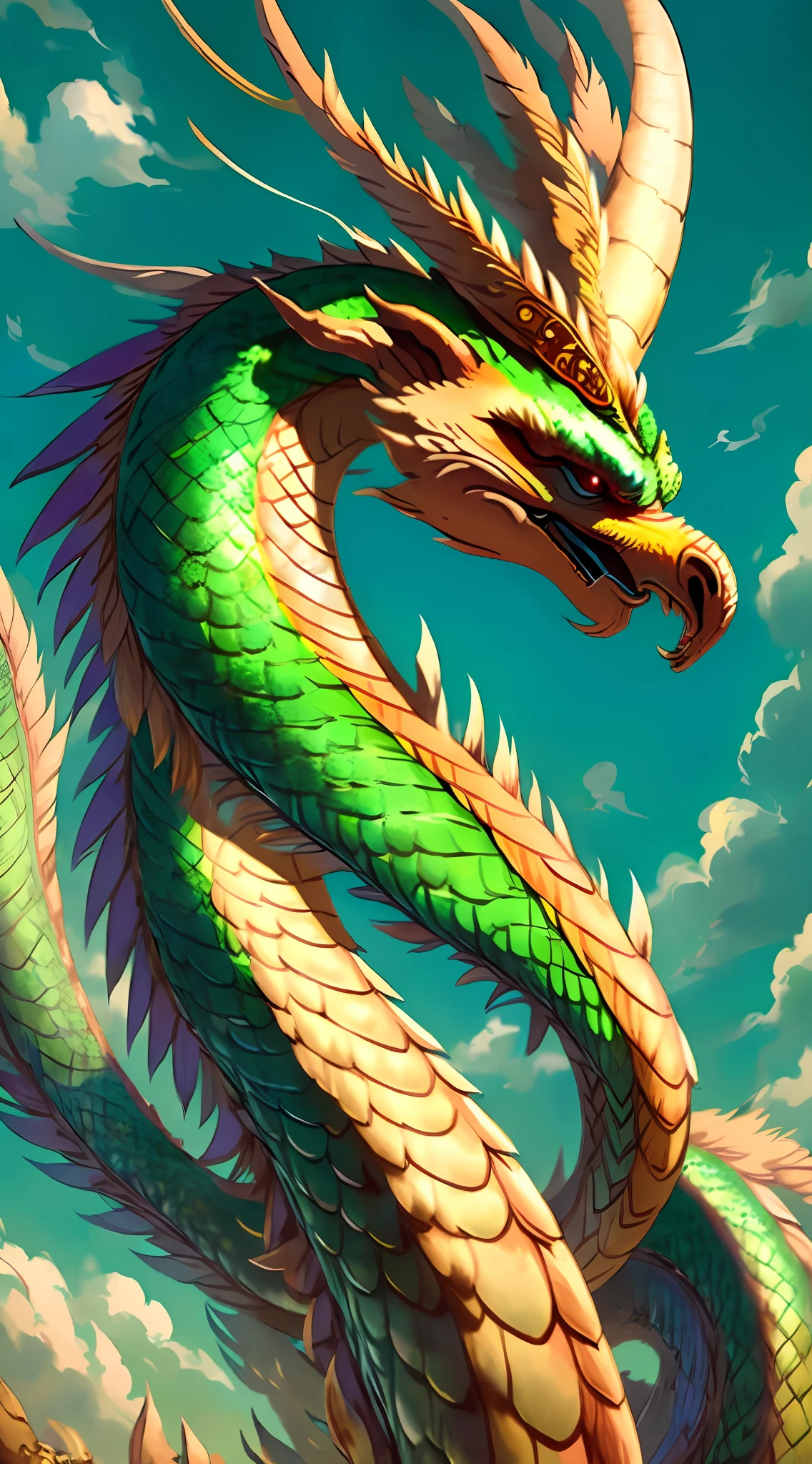 dragon with green and yellow wings flying through the sky, quetzalcoatl, dragon portrait, cyan chinese dragon fantasy, dragon art, chinese dragon concept art, green dragon, digital painting of quetzalcoatl, smooth chinese dragon, phoenix dragon, colossal dragon as background, dragon mawshot art, shenron, legendary dragon, portrait of a dragon, epic dragon