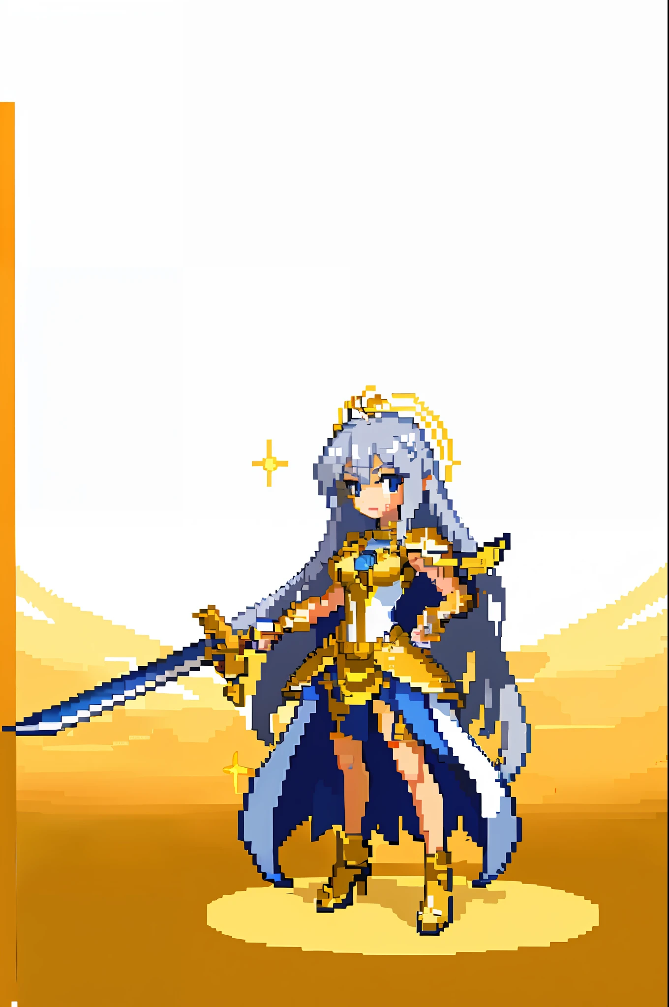 (masterpiece, top quality, best quality), pixel, pixel art, 1girl, full body, goddess outfit, simple background, intricate design, silver hair, sparkling hair, holding golden sword, halo, golden hour, angel wings