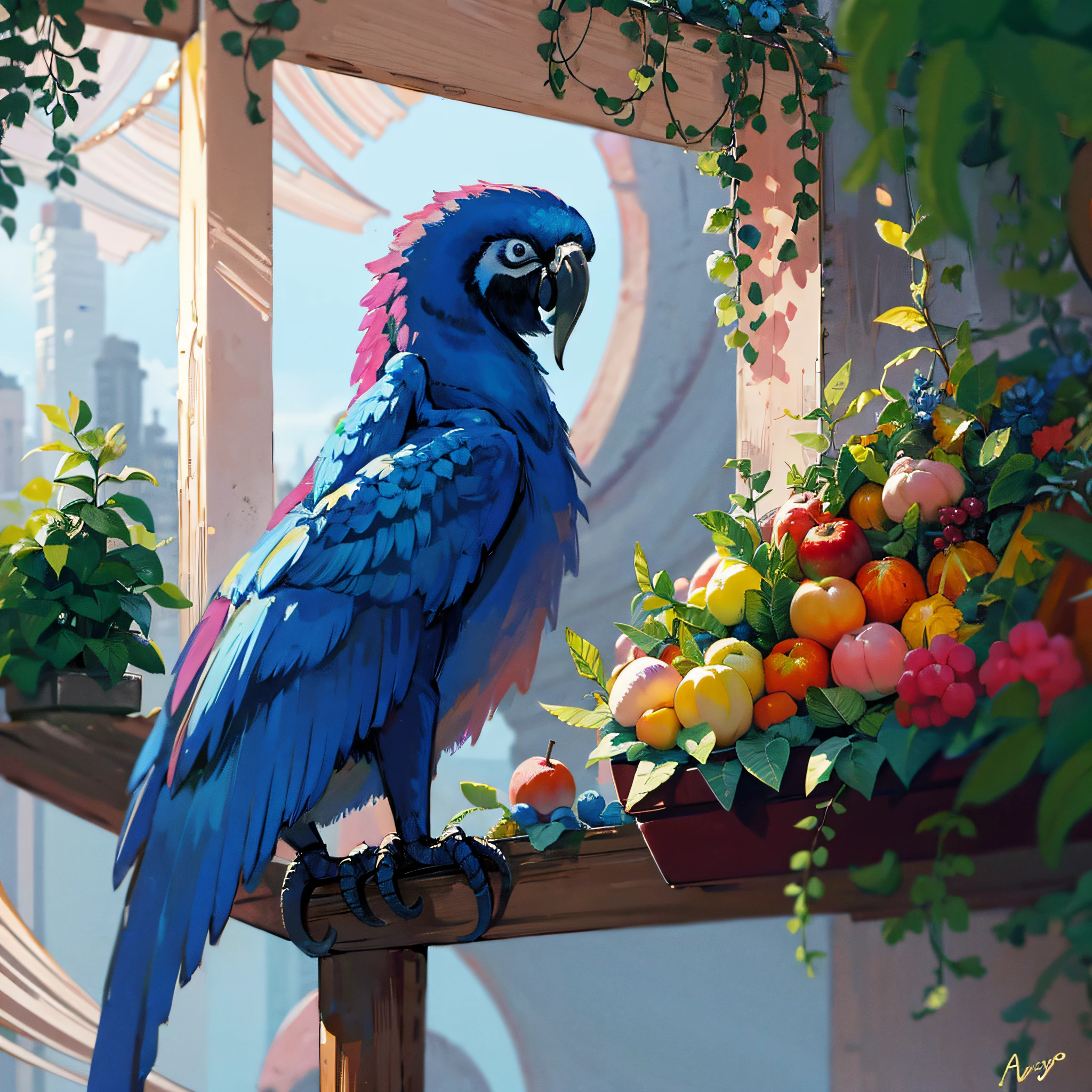 a blue macaw and adds to the image several varieties of fruit --auto --s2