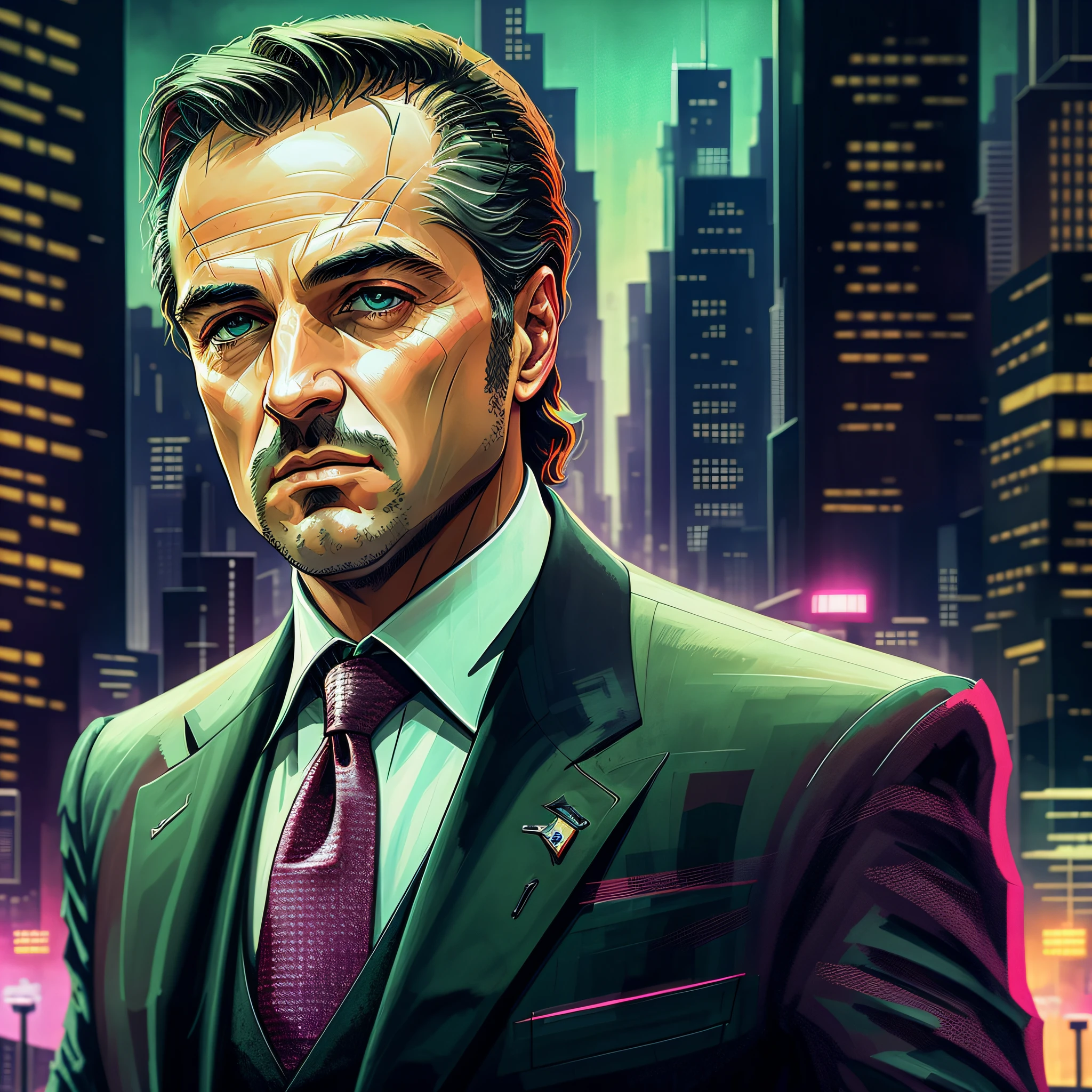 The character of the Godfather, with a black suit, confident look and a futuristic city in the background, best quality, ultra detailed, 8K --auto --s2