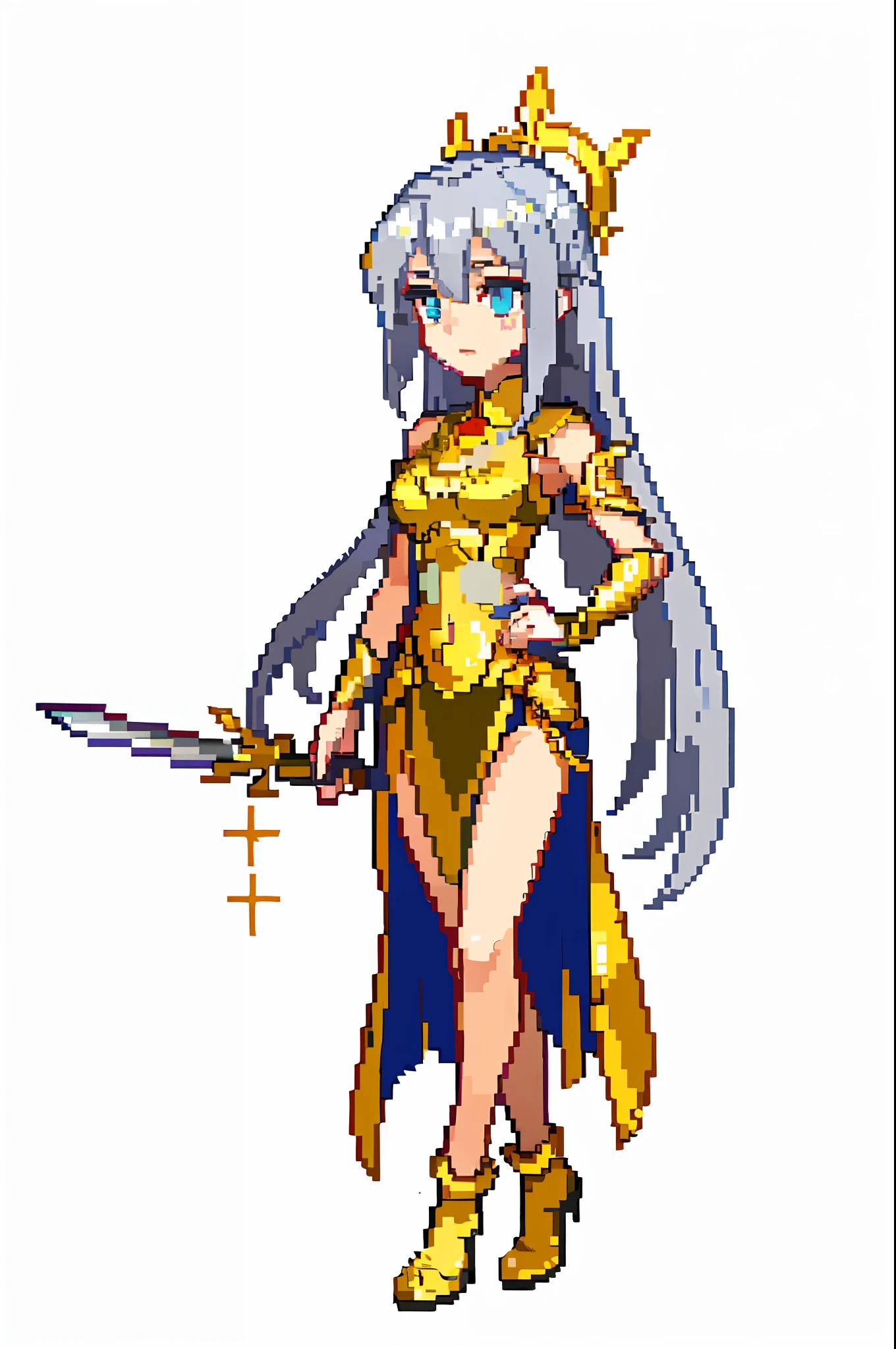 (masterpiece, top quality, best quality), pixel, pixel art, 1girl, full body, goddess outfit, simple background, intricate design, silver hair, sparkling hair, holding golden sword, halo, golden hour, angel wings
