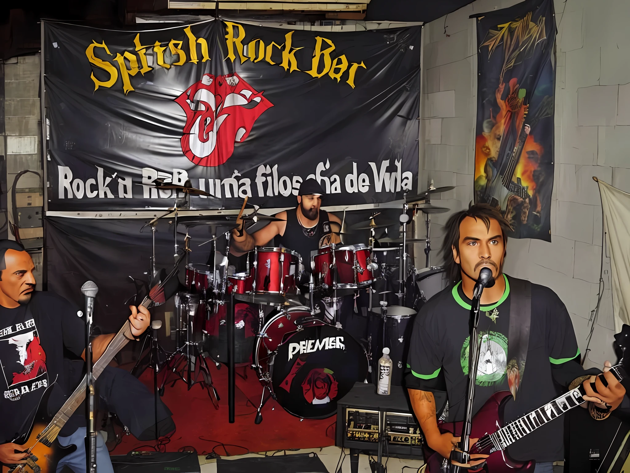 several people are playing music in a room with a banner, thrash metal, on rock concert stage, stoner rock, stoner rock concert, punk!!!, spikey rocks, punk rock, photo documetalism, exploited!!, rock music, rock n roll, rocking out, taken in the mid 2000s, grunge rock