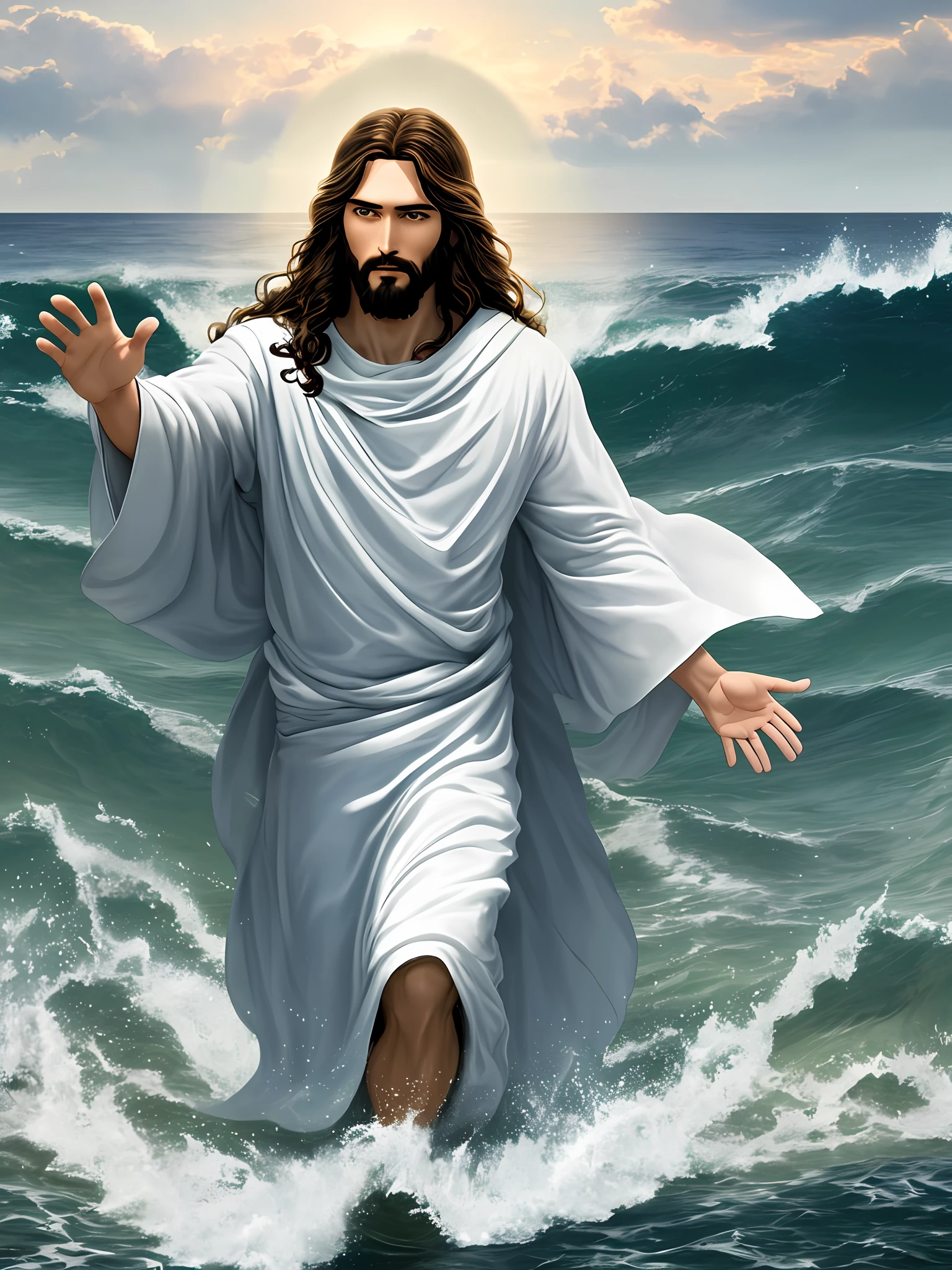 (detailed description) (better quality) Create an image of Jesus coming out of the sea