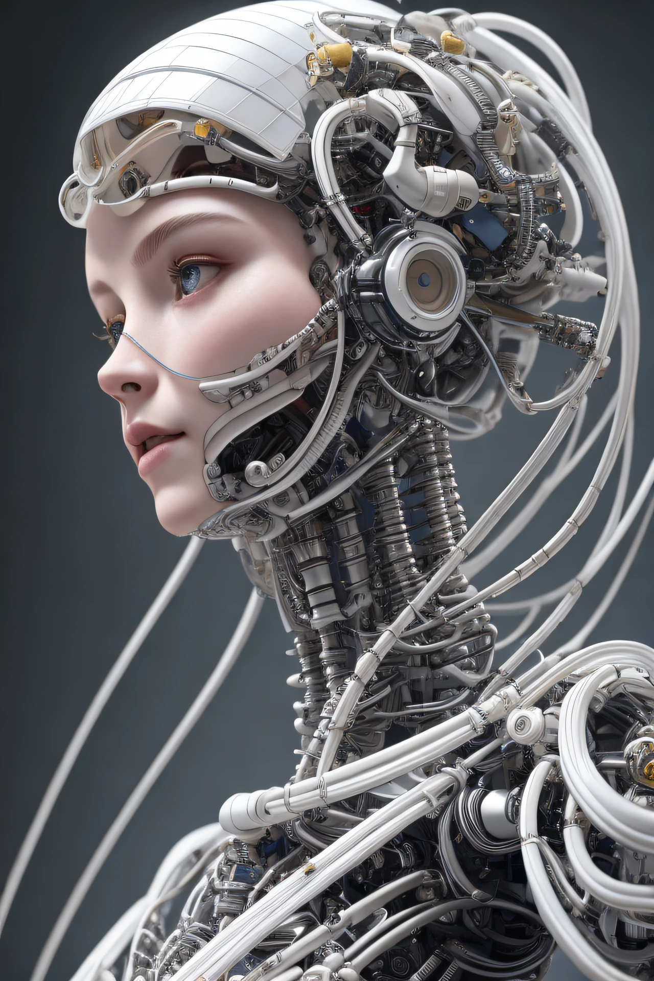 complex 3d render ultra detailed of a beautiful porcelain profile woman android face, cyborg, robotic parts, 150 mm, beautiful studio soft light, rim light, vibrant details, luxurious cyberpunk, lace, hyperrealistic, anatomical, facial muscles, cable electric wires, microchip, elegant, beautiful background, octane render, H. R. Giger style, 8k, best quality, masterpiece, illustration, an extremely delicate and beautiful, extremely detailed ,CG ,unity ,wallpaper, (realistic, photo-realistic:1.37),Amazing, finely detail, masterpiece,best quality,official art, extremely detailed CG unity 8k wallpaper, absurdres, incredibly absurdres, robot, silver halmet, full body, sitting