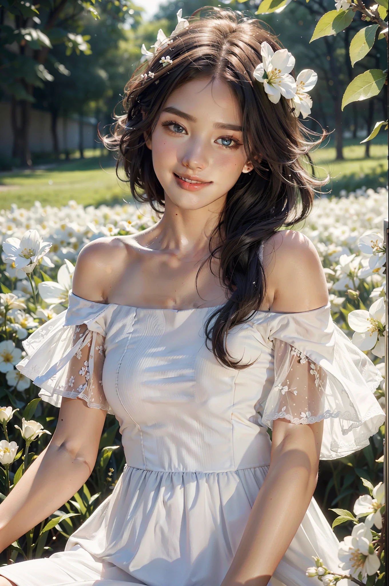 Best quality, masterpiece, ultra high res, (photorealistic:1.4), raw photo, 1girl, white dress, off shoulder, blossom flower field, glowing skin, light smile