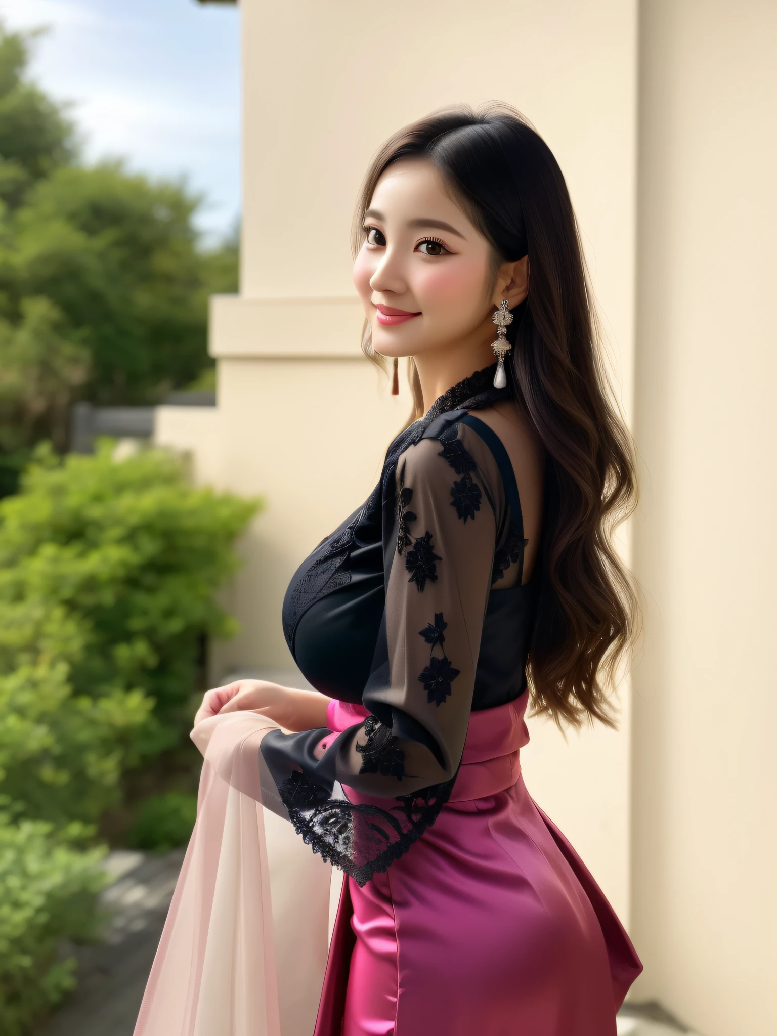 a close up of a woman in a pink skirt posing for a picture, asian girl, south east asian with long, beautiful asian girl, young asian girl, 18 years old, asian female, 19-year-old girl, very beautiful girl, a young asian woman, an asian woman, south east asian with round face, nivanh chanthara, best quality, masterpiece, highres, 1girl, transparent silk lace javanese kebaya, silk robe, medium hair, smile, closed mouth,lips, long dress, necklace, jewelry, javanese clothes, make-up, earrings, detailed beautiful round eyes,Indonesia women, Beautiful face,upon_body, tyndall effect,photorealistic, rim lighting, two tone lighting,(high detailed skin:1.2), 8k uhd, dslr, soft lighting, high quality, volumetric lighting, candid, Photograph, high resolution, 4k, 8k, Bokeh, in home, leaf falling , spring, (gigantic breasts:1.5), black bra