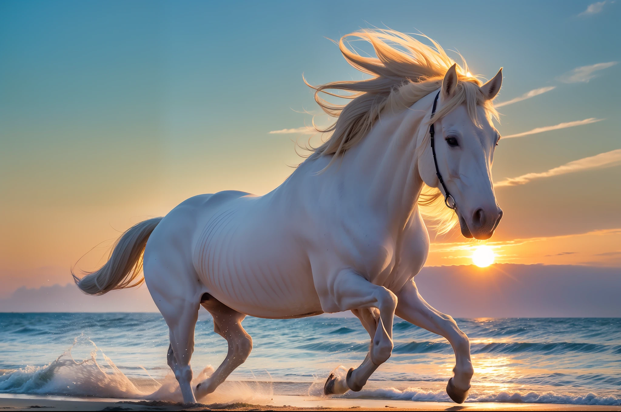 A white horse gallops on the beach in the setting sun, full limbs, long white mane, white tail