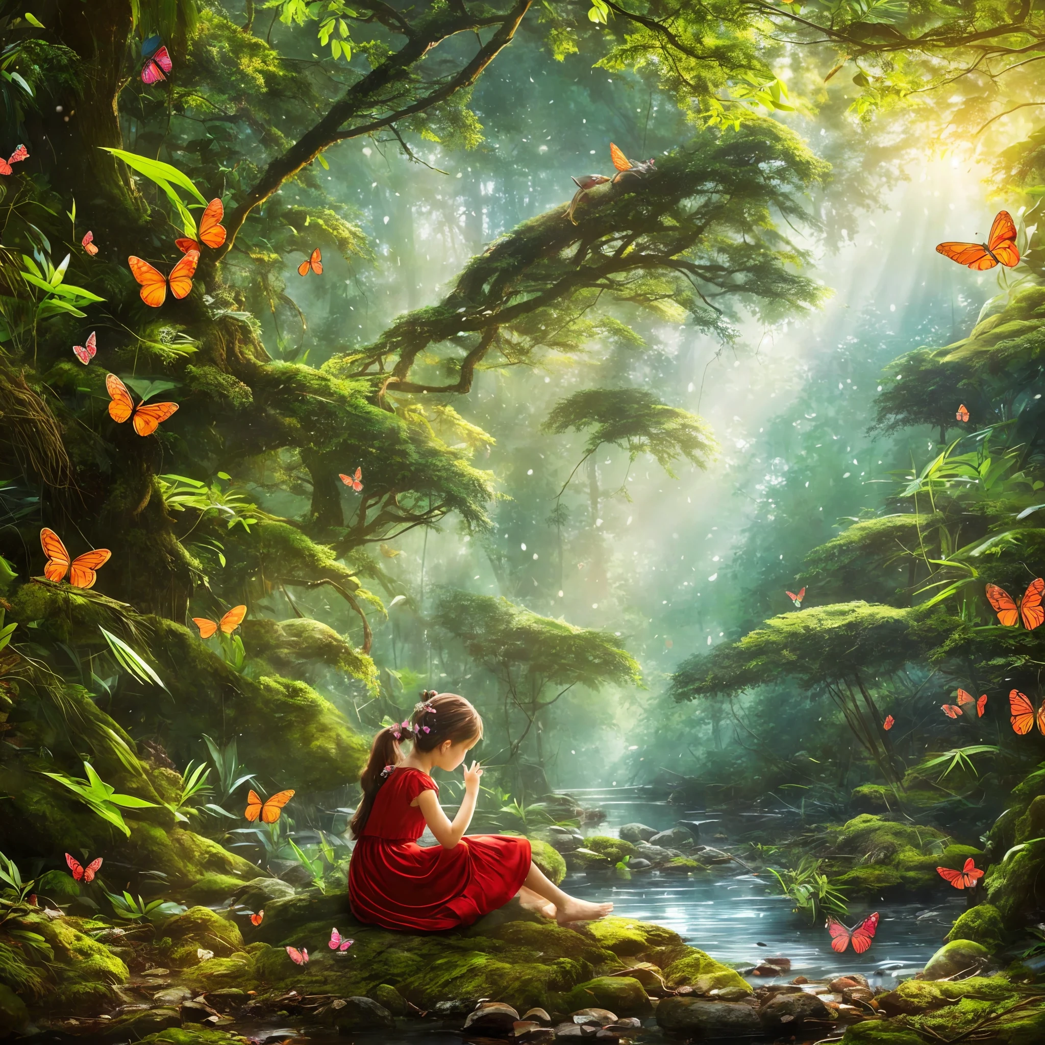 Childish, girl eating happy fruit, girl smiling, eating, fruit in the forest, fruits, animals looking, animals in the forest looking at the girl, anna is a small child, brunette, black curly hair, is sitting in the forest in scared red dress crying, tall and beautiful trees, fantasy, sun shining, magic, best quality, brightness, animals appear, rabbits, deer, path of the trees, birds, 3d, 8k ,A masterpiece, the best quality, stunning reflections, the best reflections ever. (very detailed CG unit 8k wallpapers), (best quality), (best illustrations), forest theme with natural elements. Small child running in the forest with butterflies flying. Tall trees, tranquil streams, small bright mushrooms surrounded by delicate leaves and branches, as well as fireflies and bright particles, colorful flowers, (natural elements), (jungle theme), (leaves), (branches), (fireflies), butterflies, (delicate leaves), (brightness), (partíc** effects - Upscaling by