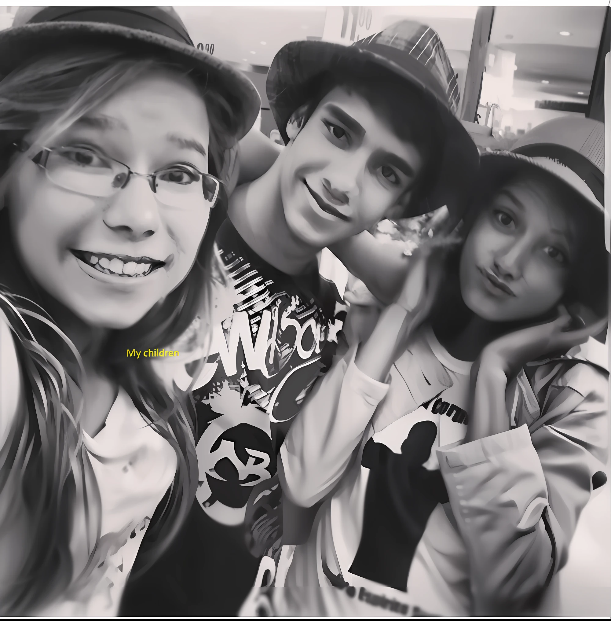 there are three people posing for a picture together in a black and white photo, desaturated!!, grainy picture, desaturated!, old picture, very grainy, with wart, at a mall, grainy vintage, grainy monochrome photo, roomies, adrien girod, grainy black-and-white photo, grainy photo, young!!!
