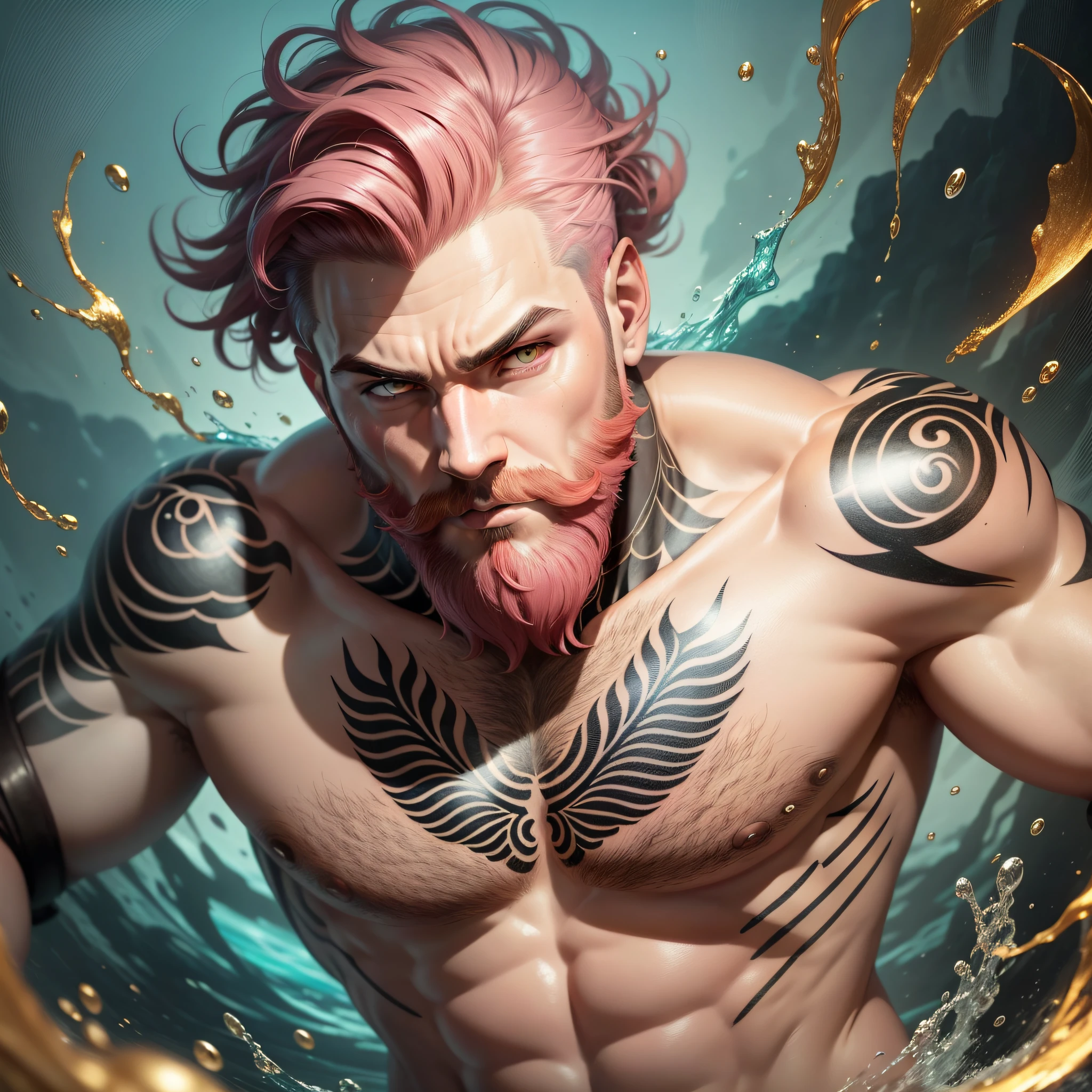 A strong man, short pink hair, short beard, has orange eyes, is underwater, has tattoos all in shades of black, has a golden trident, realistic drawing style, focus on the face