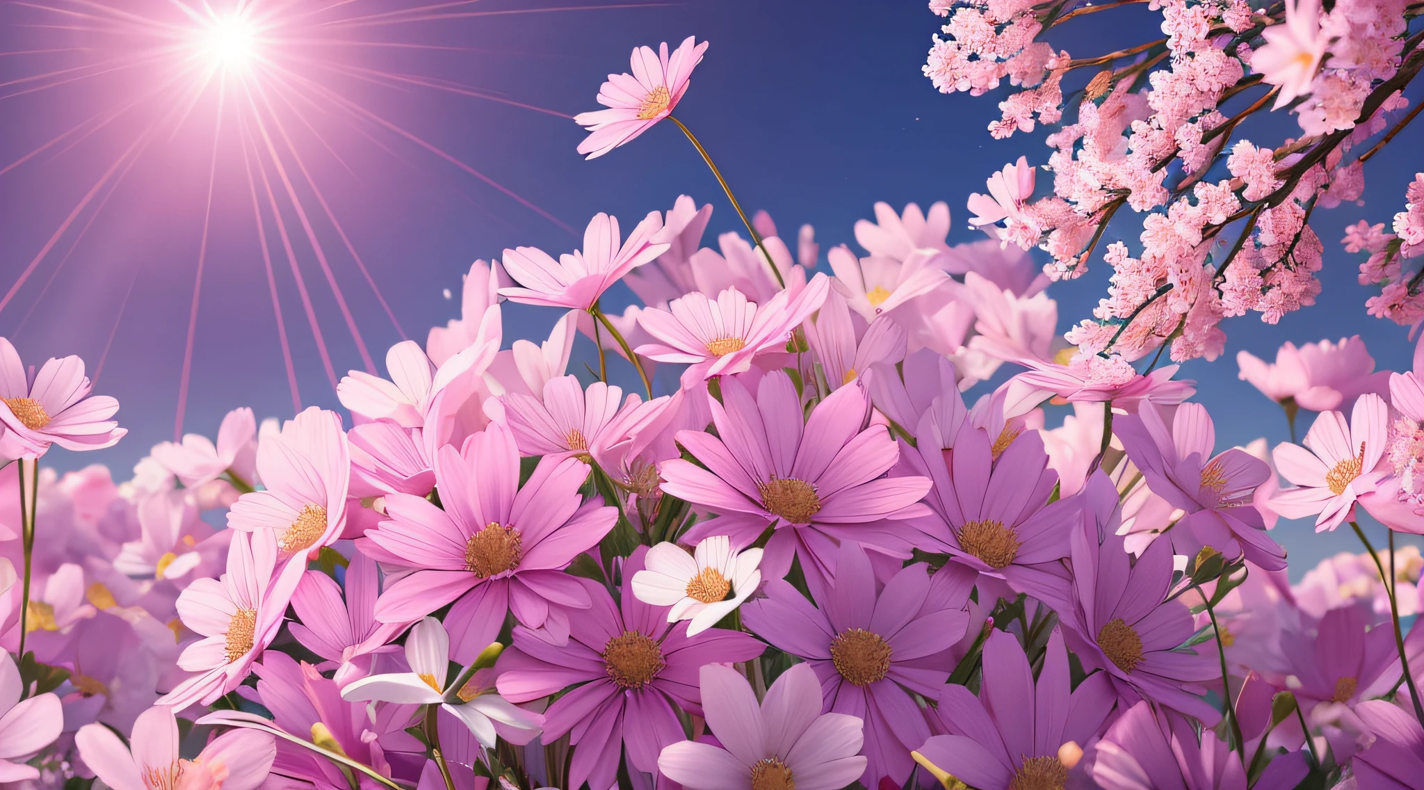 "Masterful bouquet of crystalline flowers in a sweet field full of blossoms, ray tracing staged.pink color , --auto --s2