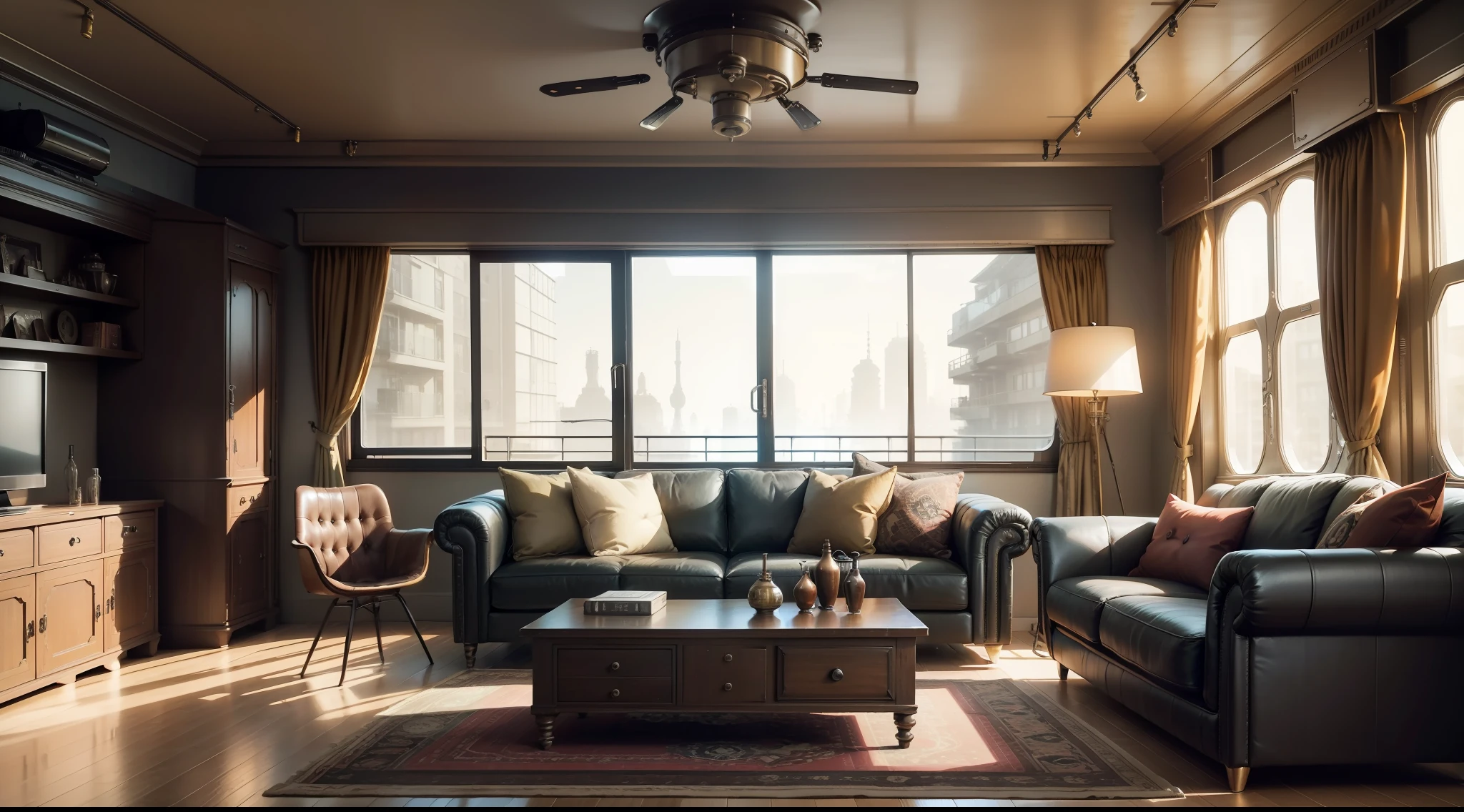 arafed living room with a large sofa and a large window, dieselpunk looking living room, retro dieselpunk apartment, dieselpunk room, dieselpunk interior, dieselpunk bedroom background, dieselpunk decoration, dieselpunk apartment, dieselpunk interior, dieselpunk room, dieselpunk room, living room, games room, dieselpunk apartment