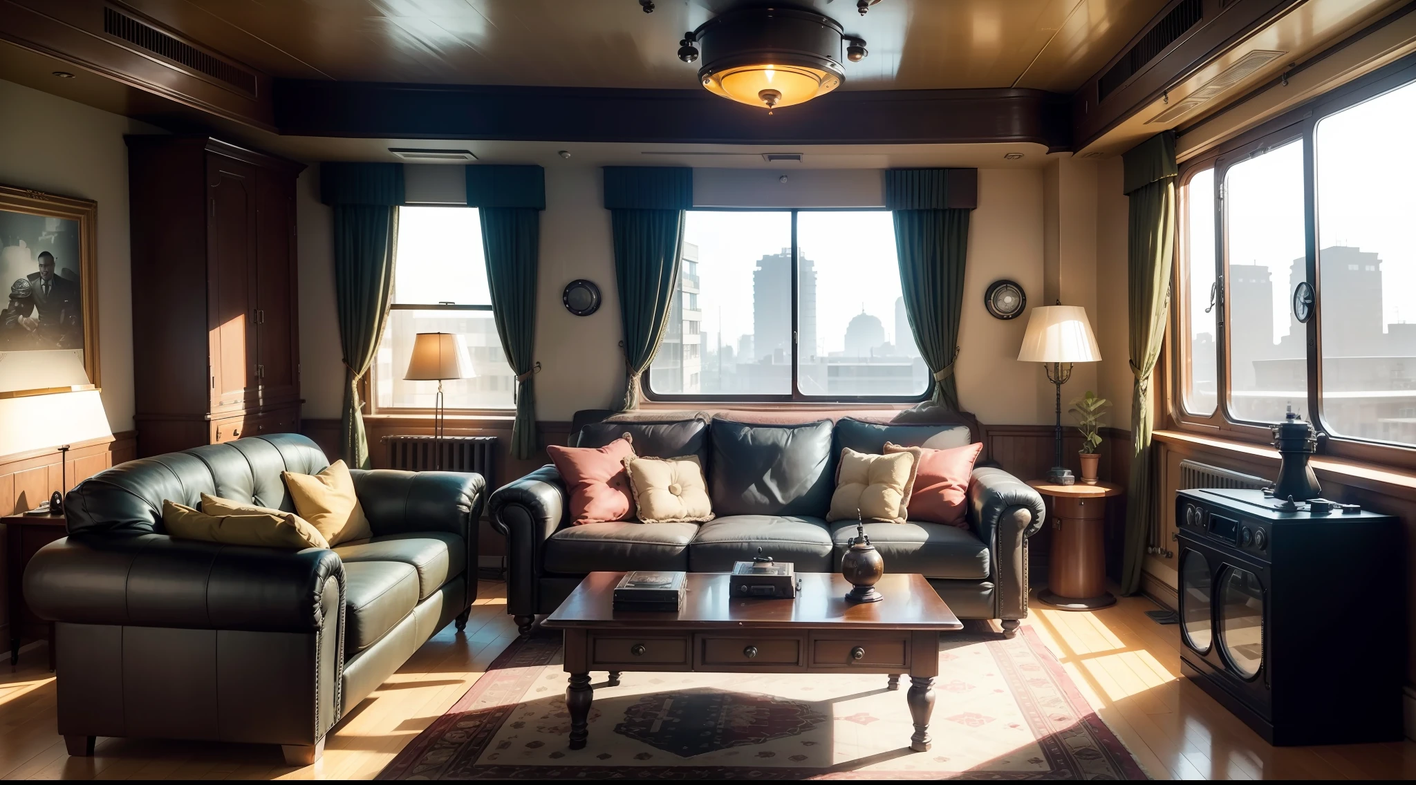 arafed living room with a large sofa and a large window, dieselpunk looking living room, retro dieselpunk apartment, dieselpunk room, dieselpunk interior, dieselpunk bedroom background, dieselpunk decoration, dieselpunk apartment, dieselpunk interior, dieselpunk room, dieselpunk room, living room, games room, dieselpunk apartment