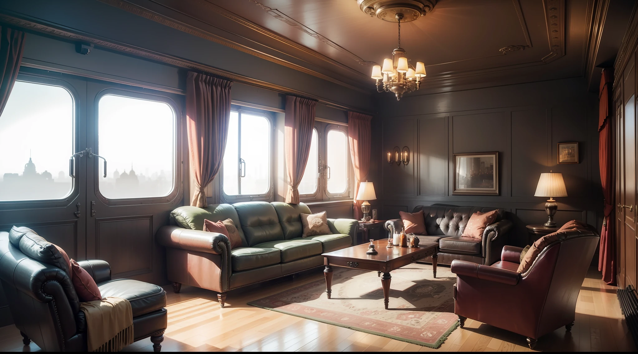 arafed living room with a large sofa and a large window, dieselpunk looking living room, retro dieselpunk apartment, dieselpunk room, dieselpunk interior, dieselpunk bedroom background, dieselpunk decoration, dieselpunk apartment, dieselpunk interior, dieselpunk room, dieselpunk room, living room, games room, dieselpunk apartment