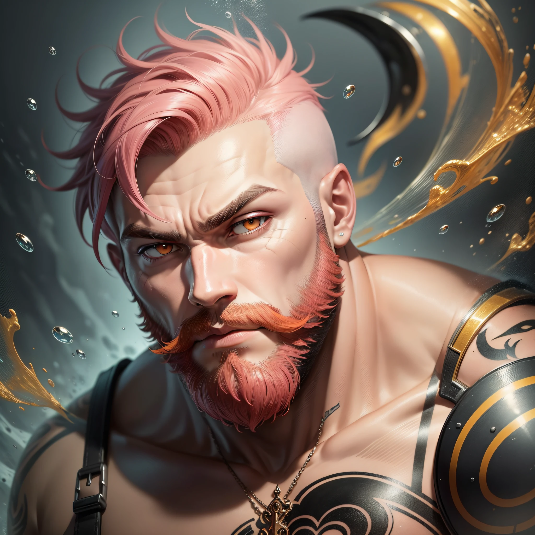 A strong man, short pink hair, short beard, has orange eyes, is underwater, has tattoos all in shades of black, has a golden trident, realistic drawing style, focus on the face